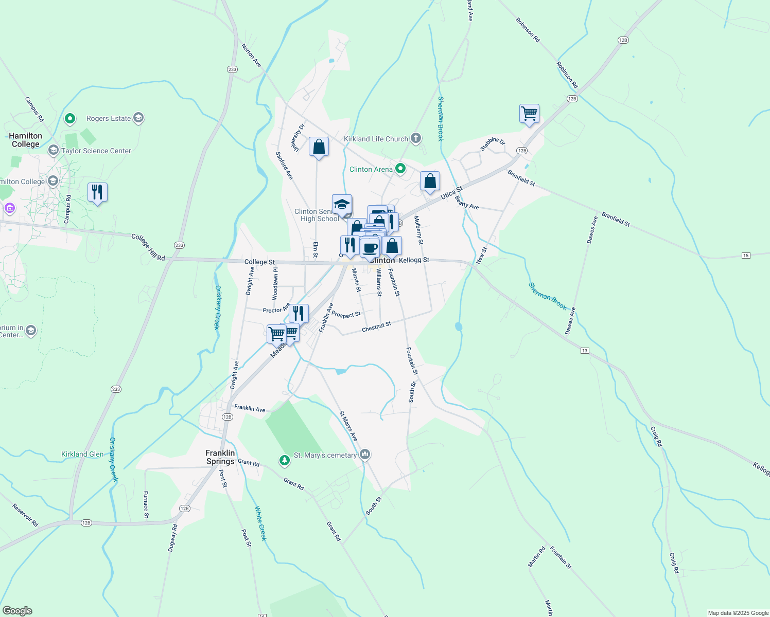 map of restaurants, bars, coffee shops, grocery stores, and more near 37 Williams St in Clinton