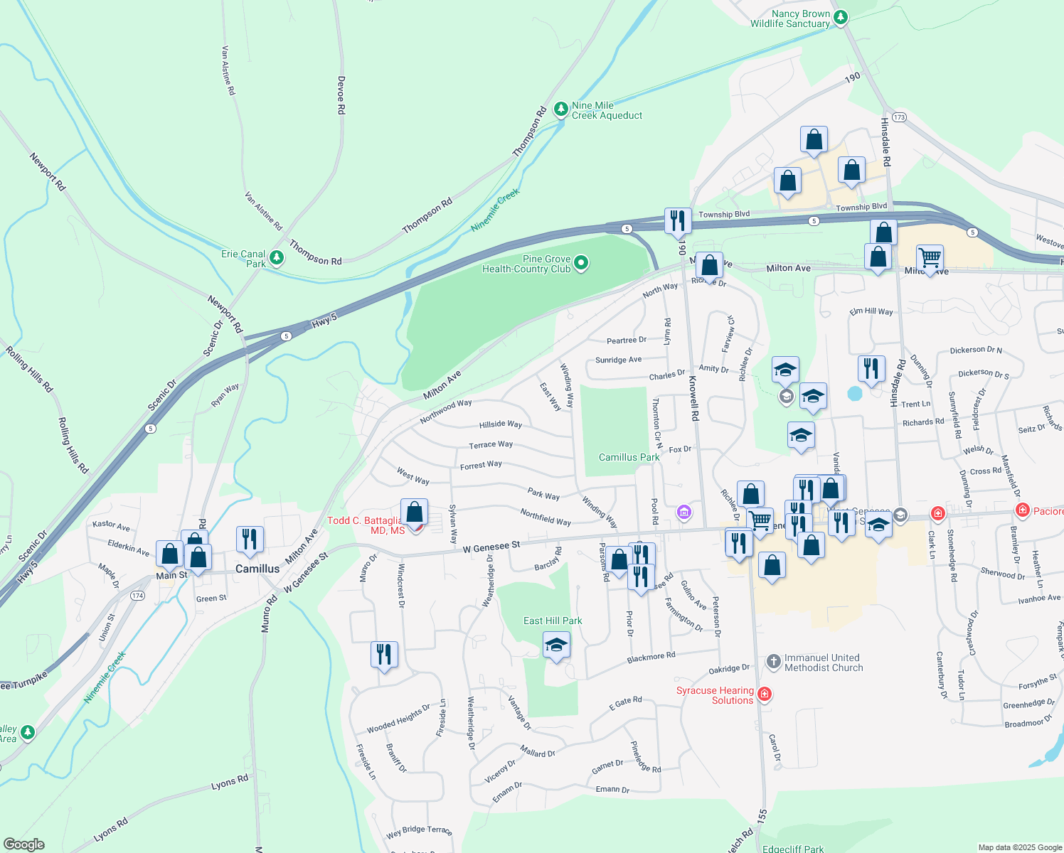 map of restaurants, bars, coffee shops, grocery stores, and more near 145 Northwood Way in Camillus