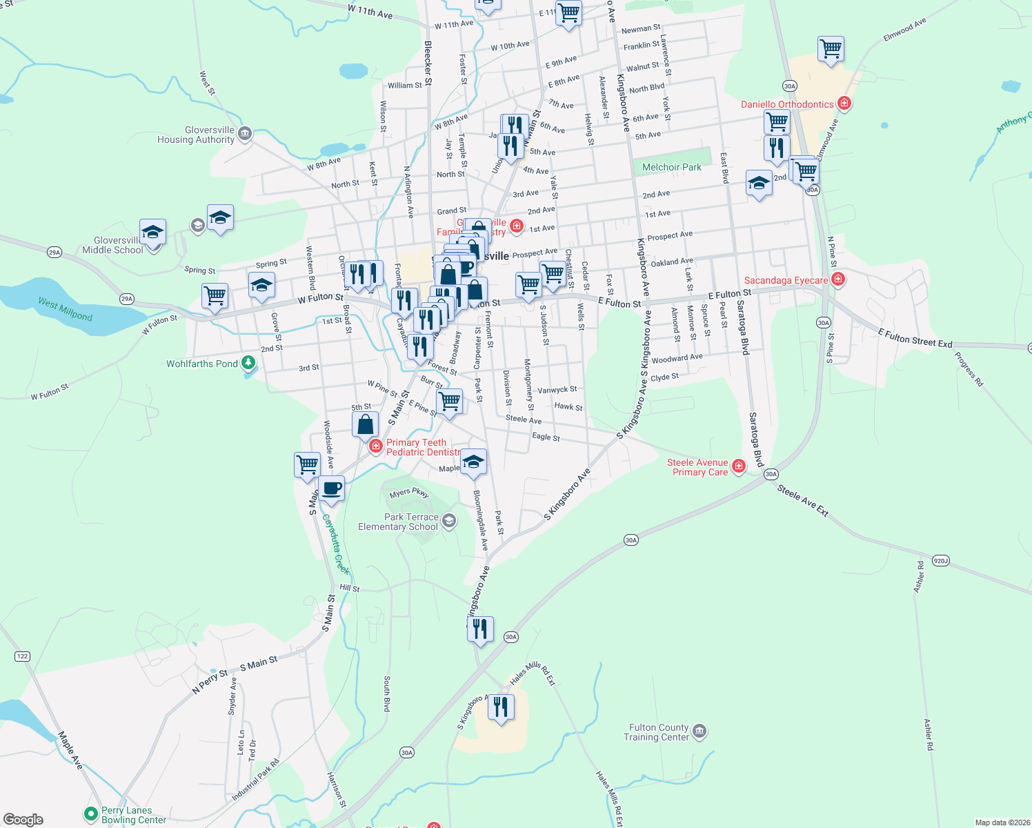 map of restaurants, bars, coffee shops, grocery stores, and more near 21 Steele Avenue in Gloversville