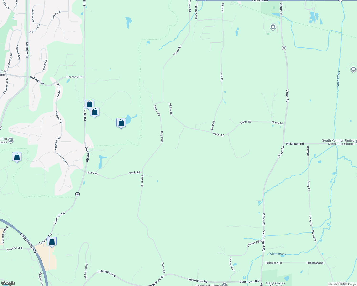 map of restaurants, bars, coffee shops, grocery stores, and more near 7 Thayer Woods Drive in Fairport