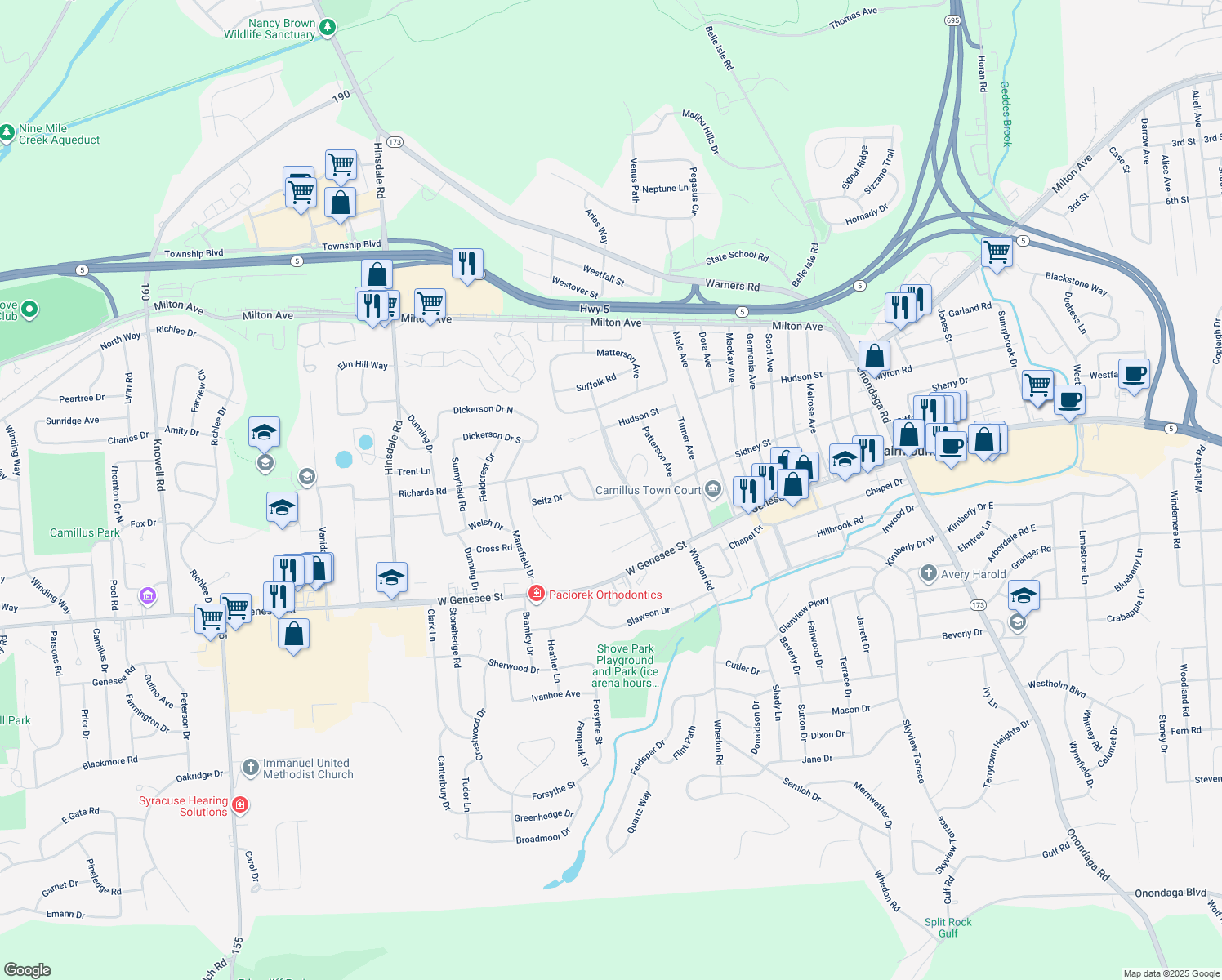 map of restaurants, bars, coffee shops, grocery stores, and more near 104 Mansfield Rd in Camillus