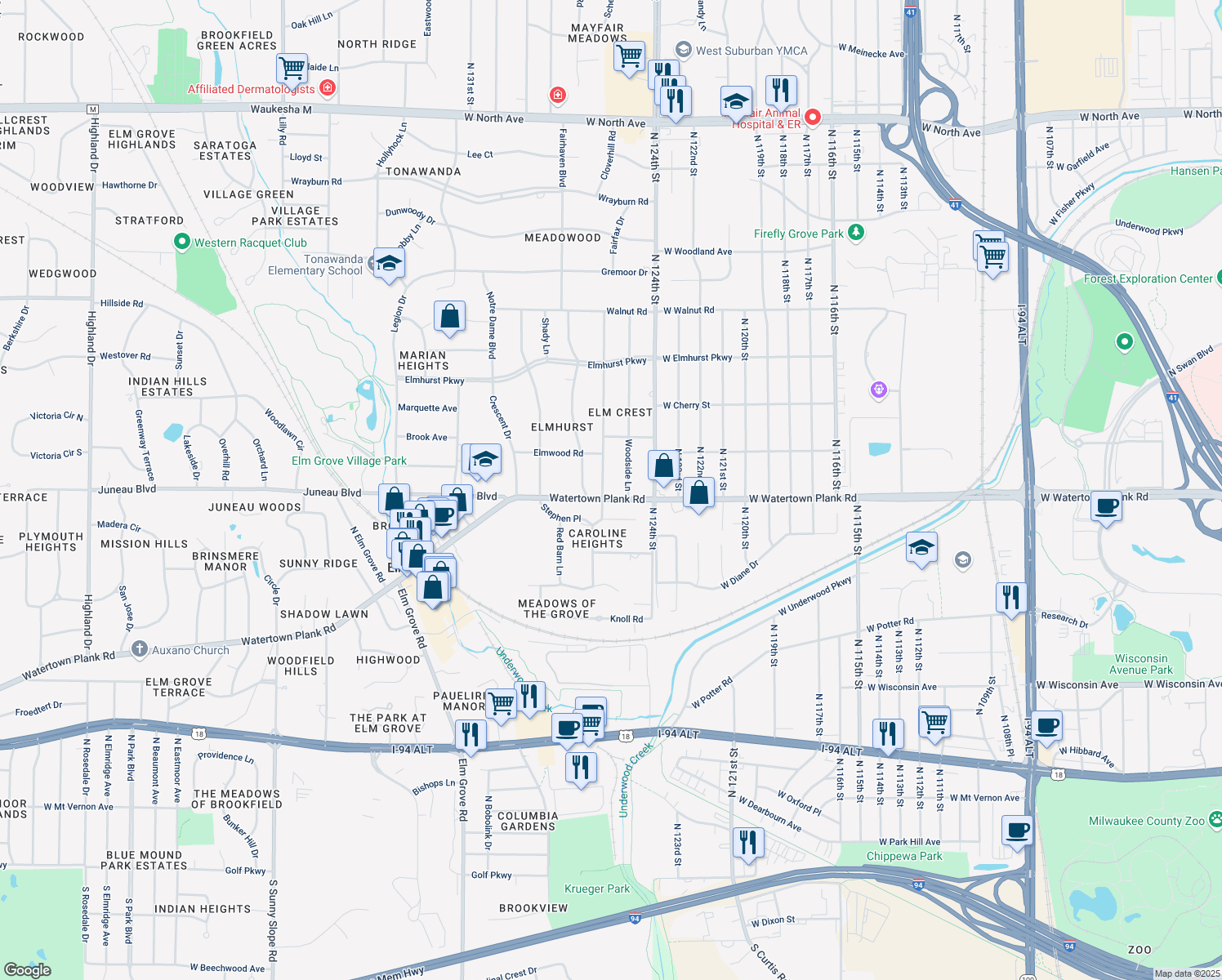 map of restaurants, bars, coffee shops, grocery stores, and more near 1200 Longwood Avenue in Elm Grove