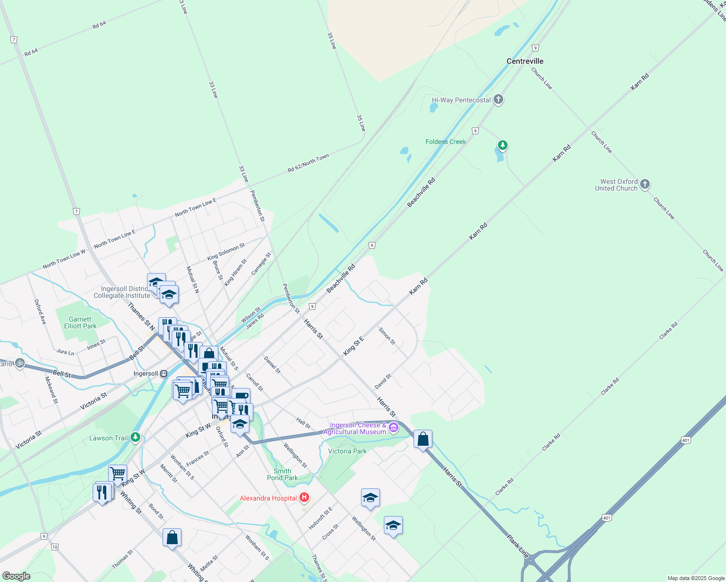 map of restaurants, bars, coffee shops, grocery stores, and more near 42 Rossiter Road in Ingersoll