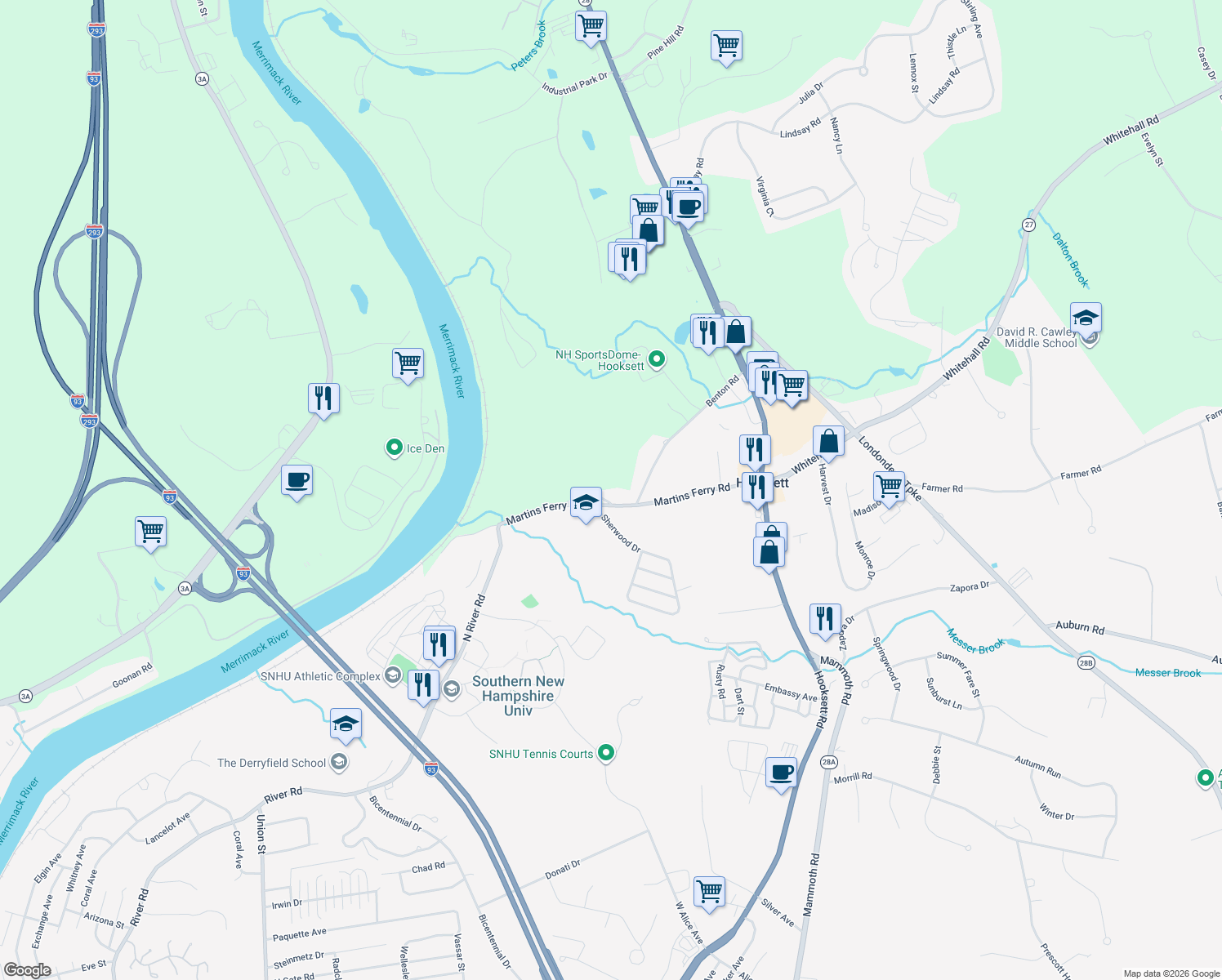 map of restaurants, bars, coffee shops, grocery stores, and more near 1 Cemetery Road in Hooksett