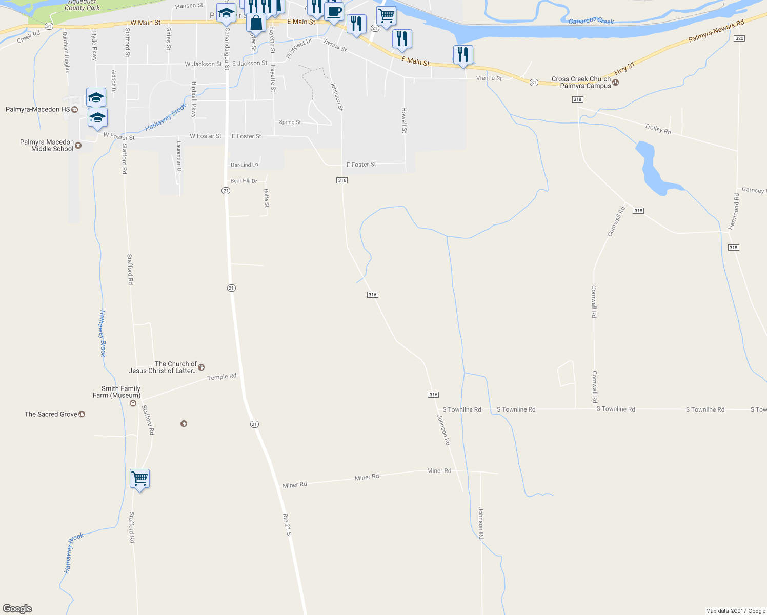 map of restaurants, bars, coffee shops, grocery stores, and more near 996 Johnson Road in Palmyra