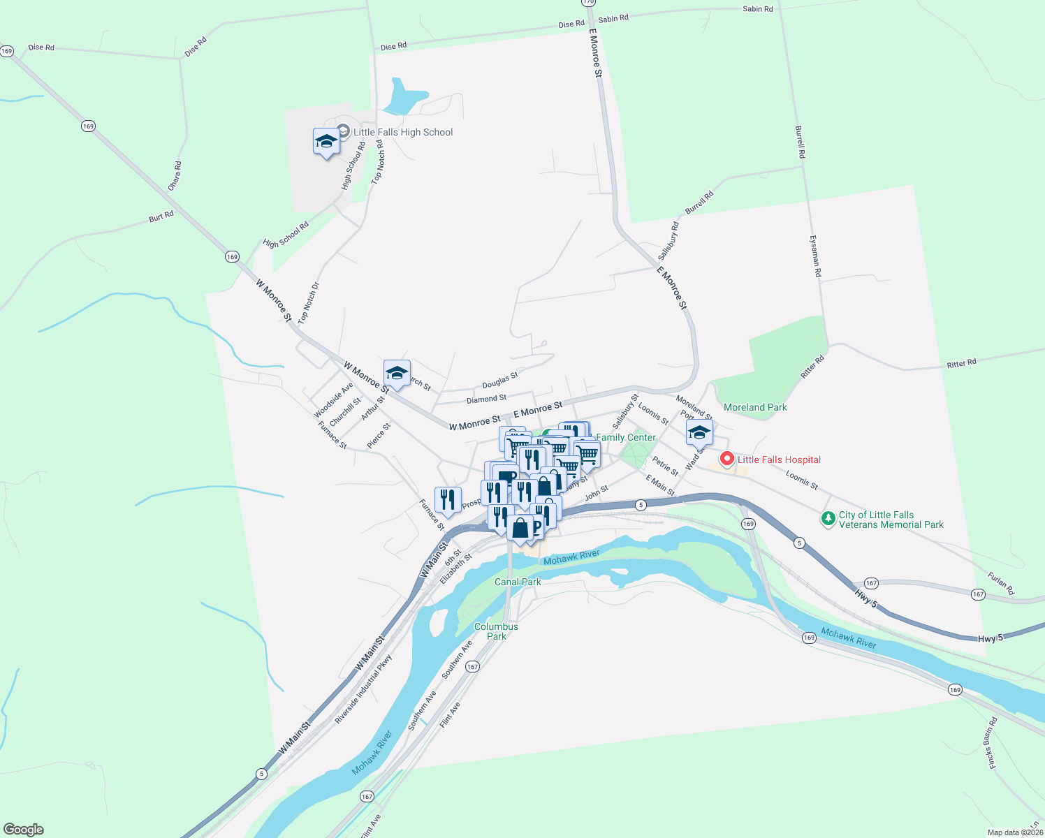 map of restaurants, bars, coffee shops, grocery stores, and more near 515 East Monroe Street in Little Falls
