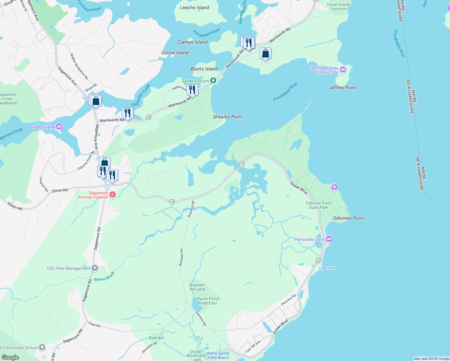 map of restaurants, bars, coffee shops, grocery stores, and more near 304 Pioneer Road in Rye