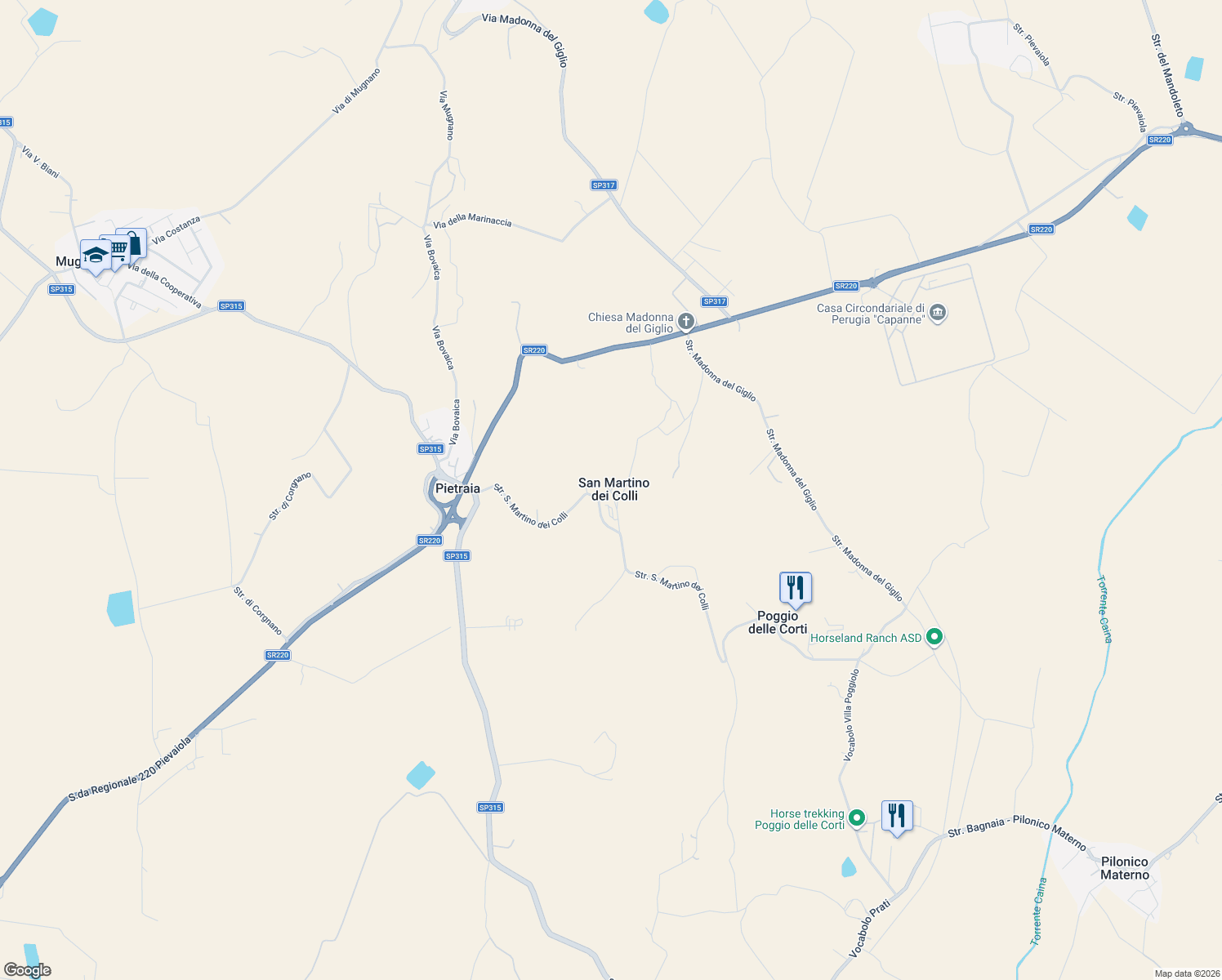 map of restaurants, bars, coffee shops, grocery stores, and more near 19 Strada San Martino dei Colli in San Martino dei Colli