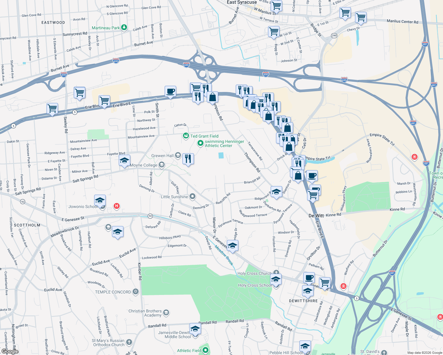 map of restaurants, bars, coffee shops, grocery stores, and more near 409 Revere Rd in Syracuse