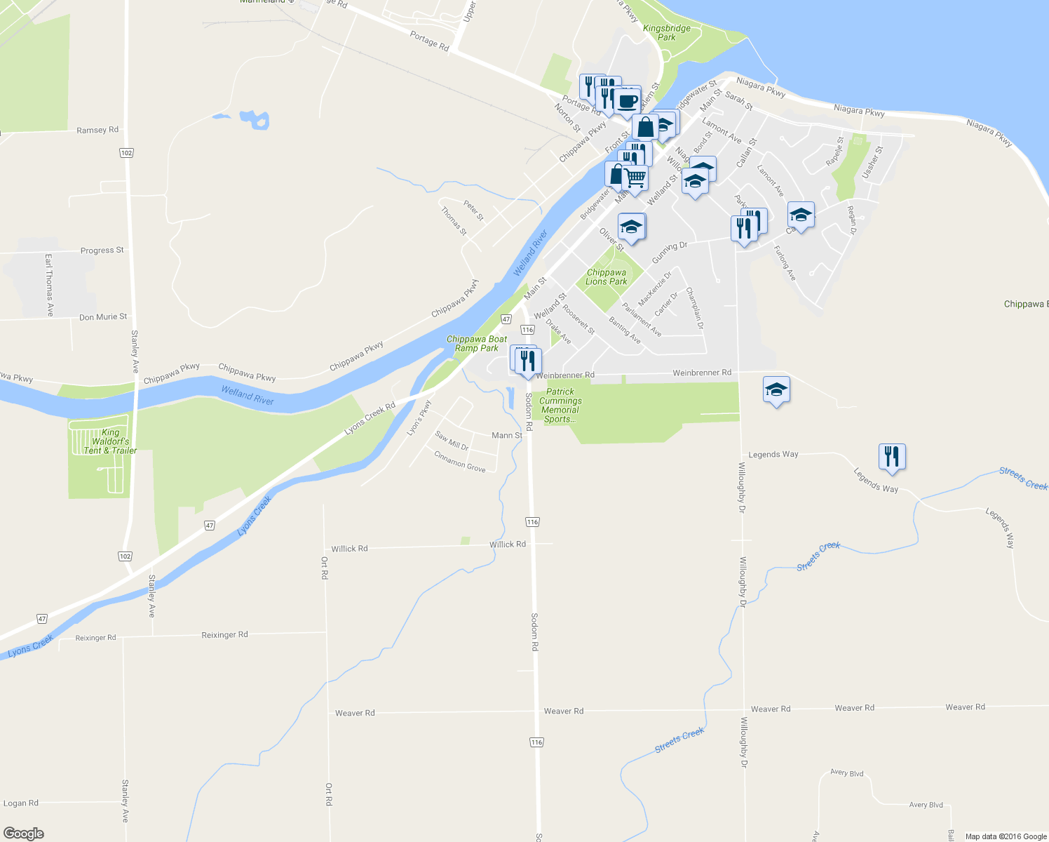 map of restaurants, bars, coffee shops, grocery stores, and more near 9035 Sodom Road in Niagara Falls