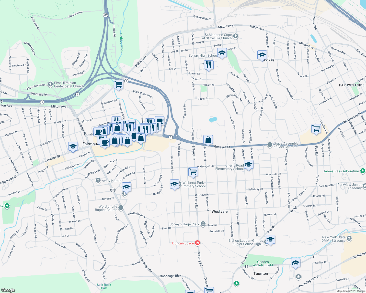 map of restaurants, bars, coffee shops, grocery stores, and more near 202 Dorchester Rd in Syracuse