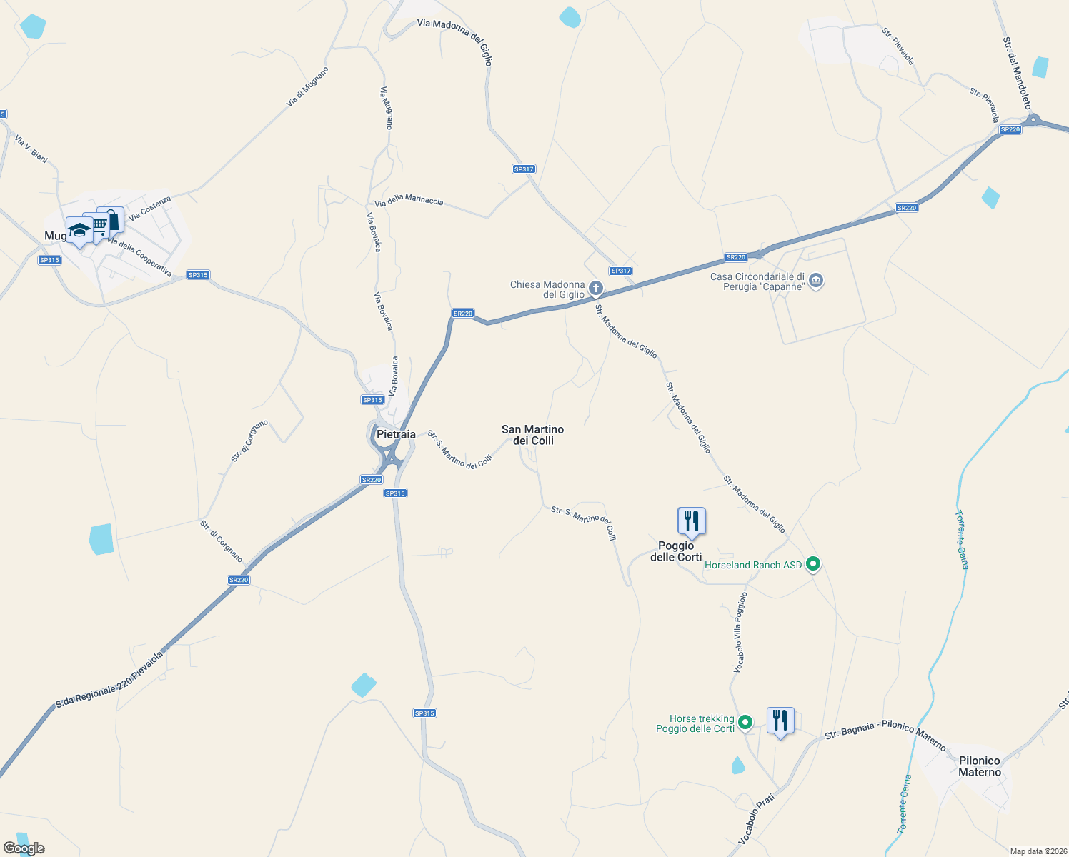 map of restaurants, bars, coffee shops, grocery stores, and more near 19 Strada San Martino dei Colli in San Martino dei Colli