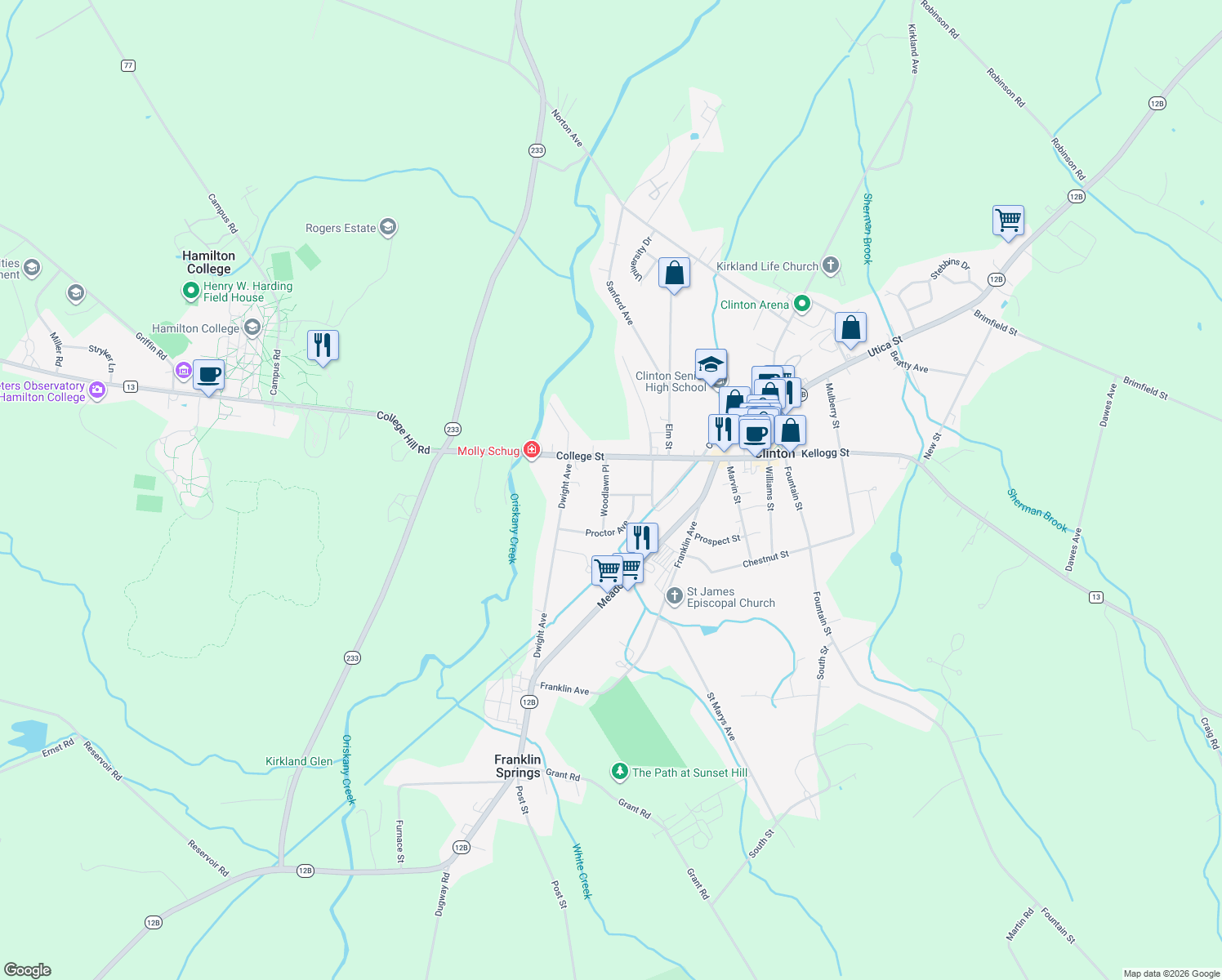 map of restaurants, bars, coffee shops, grocery stores, and more near 9 Woodlawn Pl in Clinton