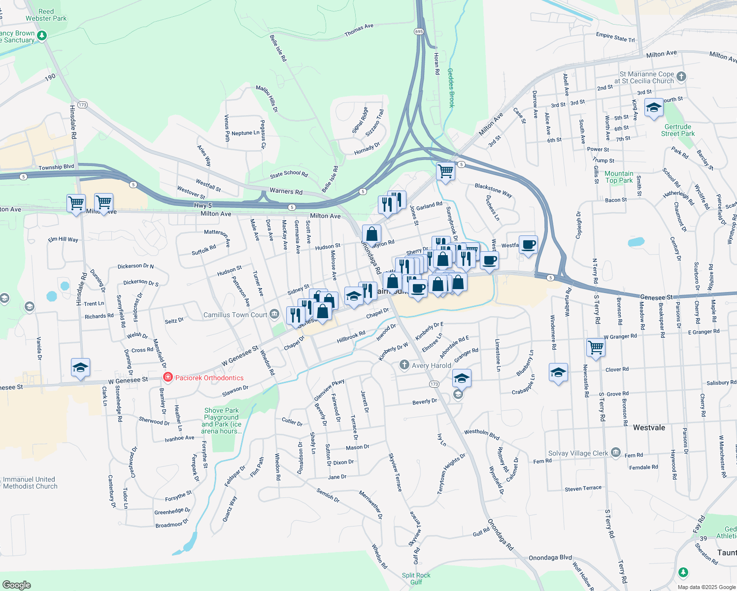 map of restaurants, bars, coffee shops, grocery stores, and more near 3802 West Genesee Street in Syracuse