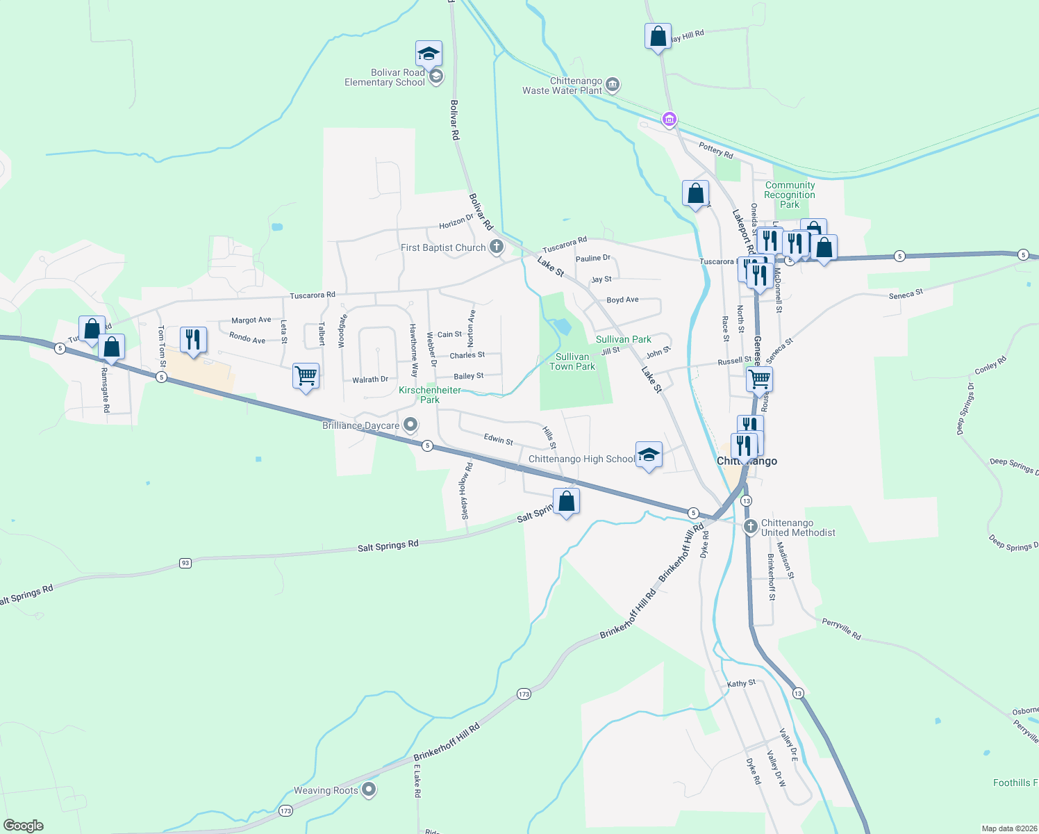 map of restaurants, bars, coffee shops, grocery stores, and more near 226 Hills Street in Chittenango