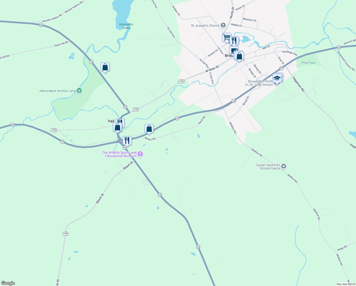 map of restaurants, bars, coffee shops, grocery stores, and more near 158 Bellen Rd in Broadalbin