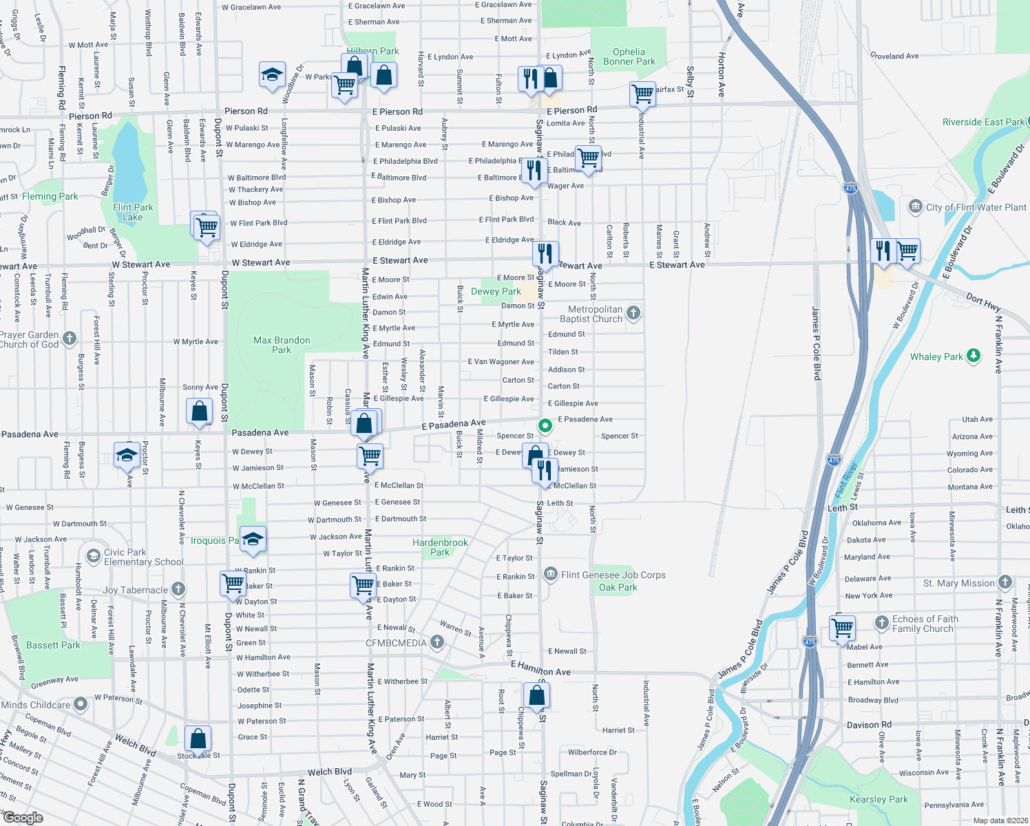 map of restaurants, bars, coffee shops, grocery stores, and more near 617 East Pasadena Avenue in Flint
