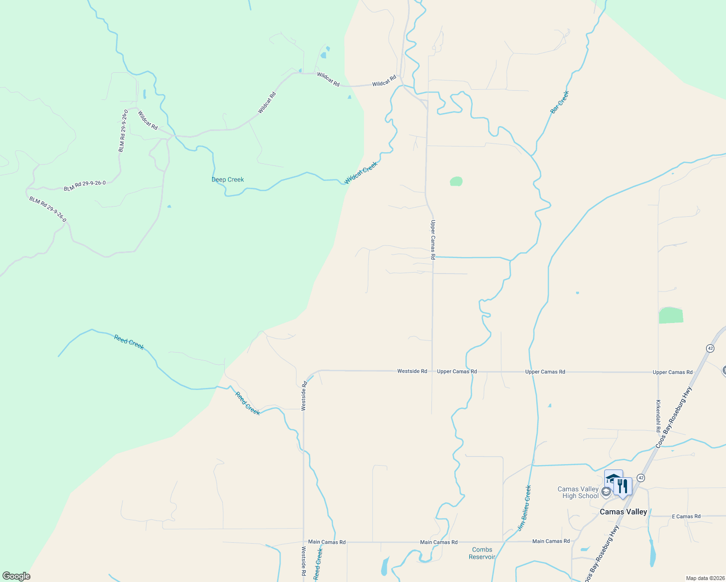 map of restaurants, bars, coffee shops, grocery stores, and more near 1890 Upper Camas Road in Camas Valley