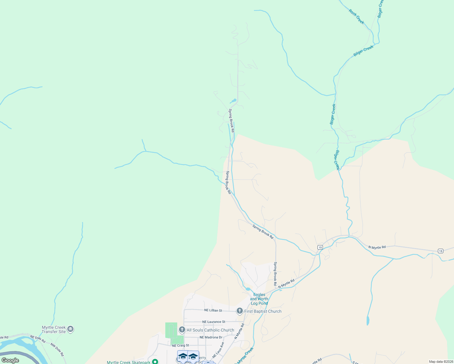 map of restaurants, bars, coffee shops, grocery stores, and more near 1226 Spring Brook Road in Myrtle Creek