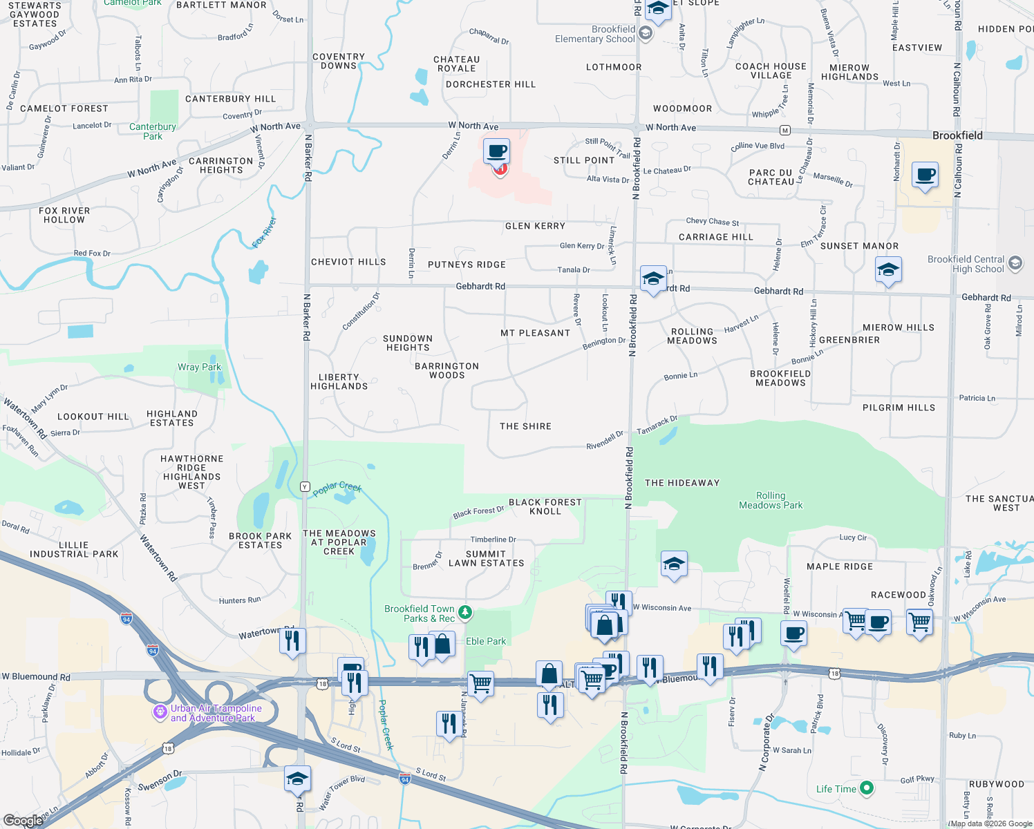 map of restaurants, bars, coffee shops, grocery stores, and more near 19385 Misty Mountain Parkway in Brookfield