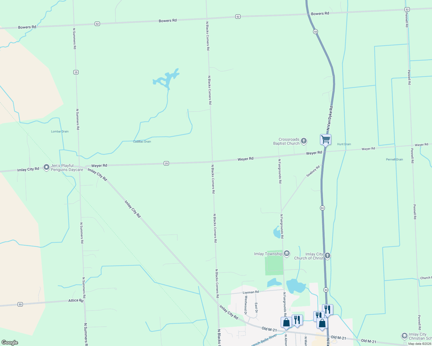 map of restaurants, bars, coffee shops, grocery stores, and more near 6545 Simmonds Road in Imlay City
