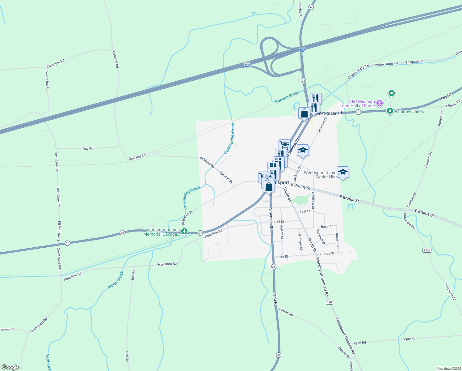 map of restaurants, bars, coffee shops, grocery stores, and more near 8901 Oakland St in Weedsport