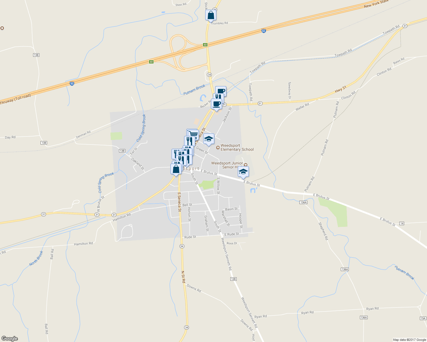 map of restaurants, bars, coffee shops, grocery stores, and more near 2761 East Brutus Street in Weedsport