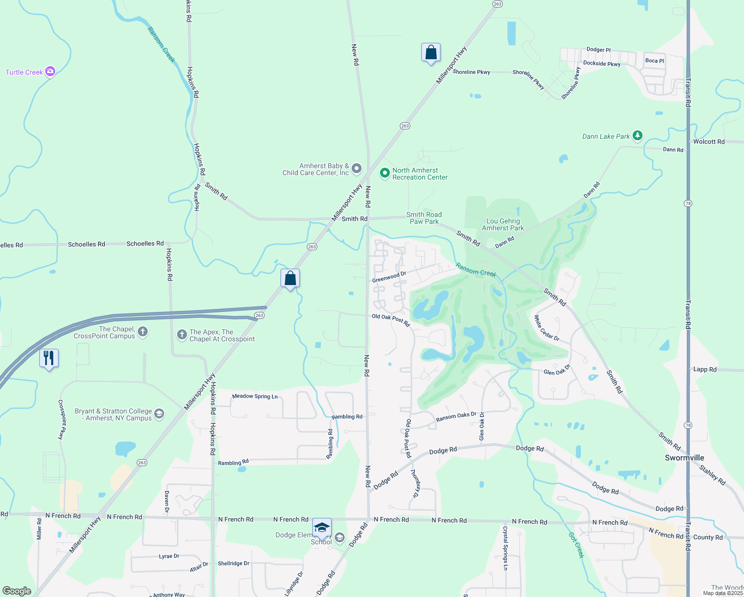 map of restaurants, bars, coffee shops, grocery stores, and more near 356 Charlesgate Circle in East Amherst