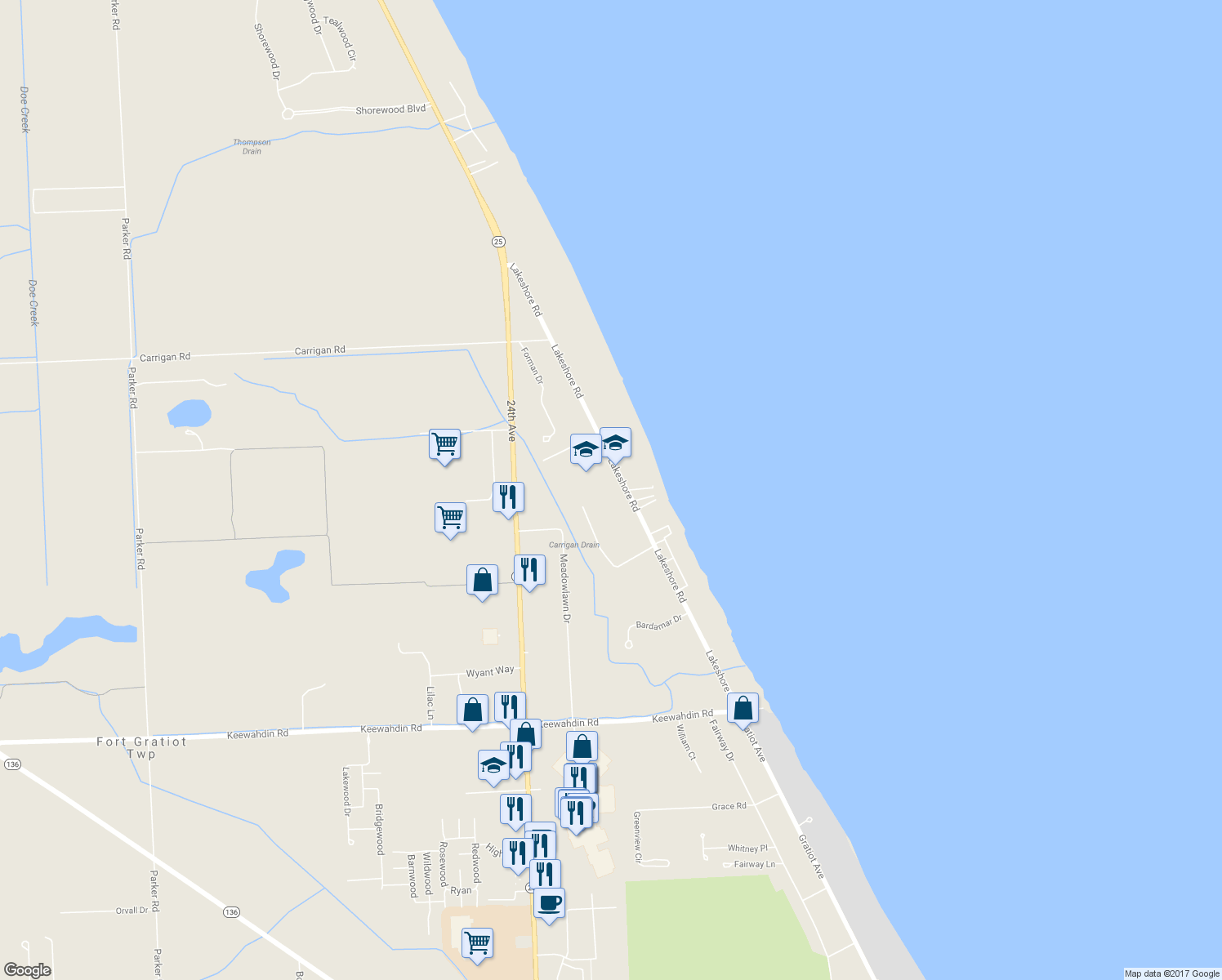 map of restaurants, bars, coffee shops, grocery stores, and more near 4787 Lakeshore Road in Fort Gratiot Township