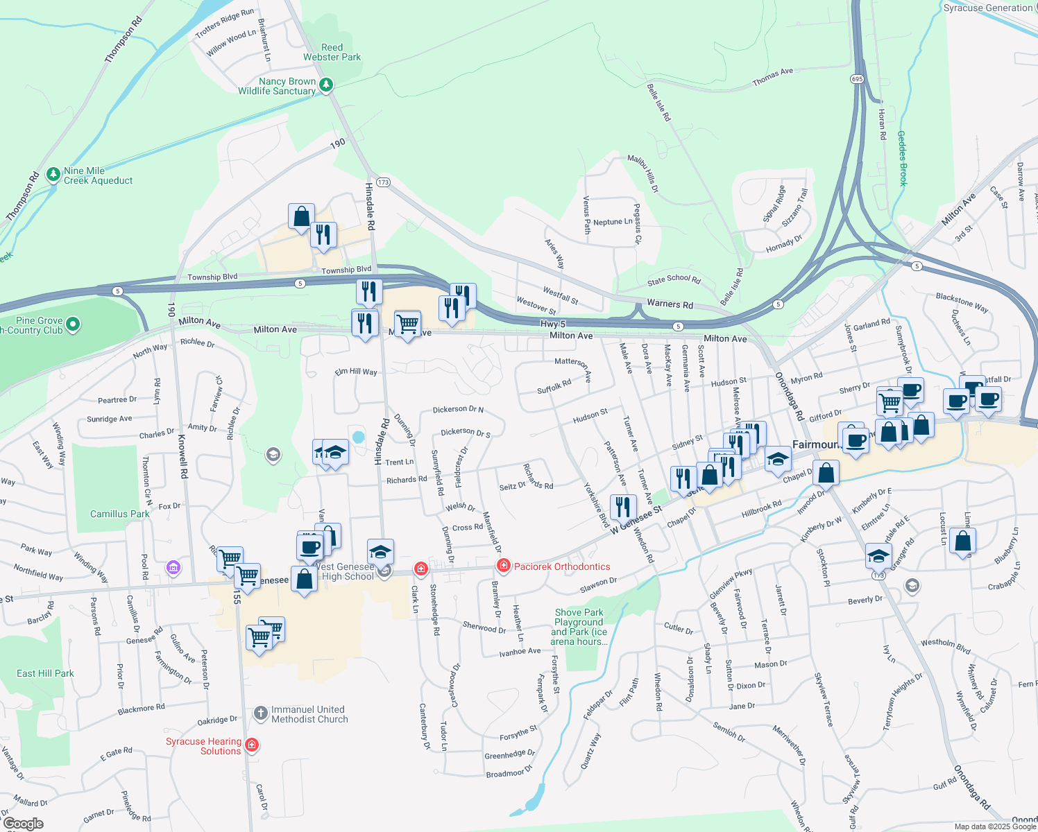 map of restaurants, bars, coffee shops, grocery stores, and more near 132 Gordon Pkwy in Camillus
