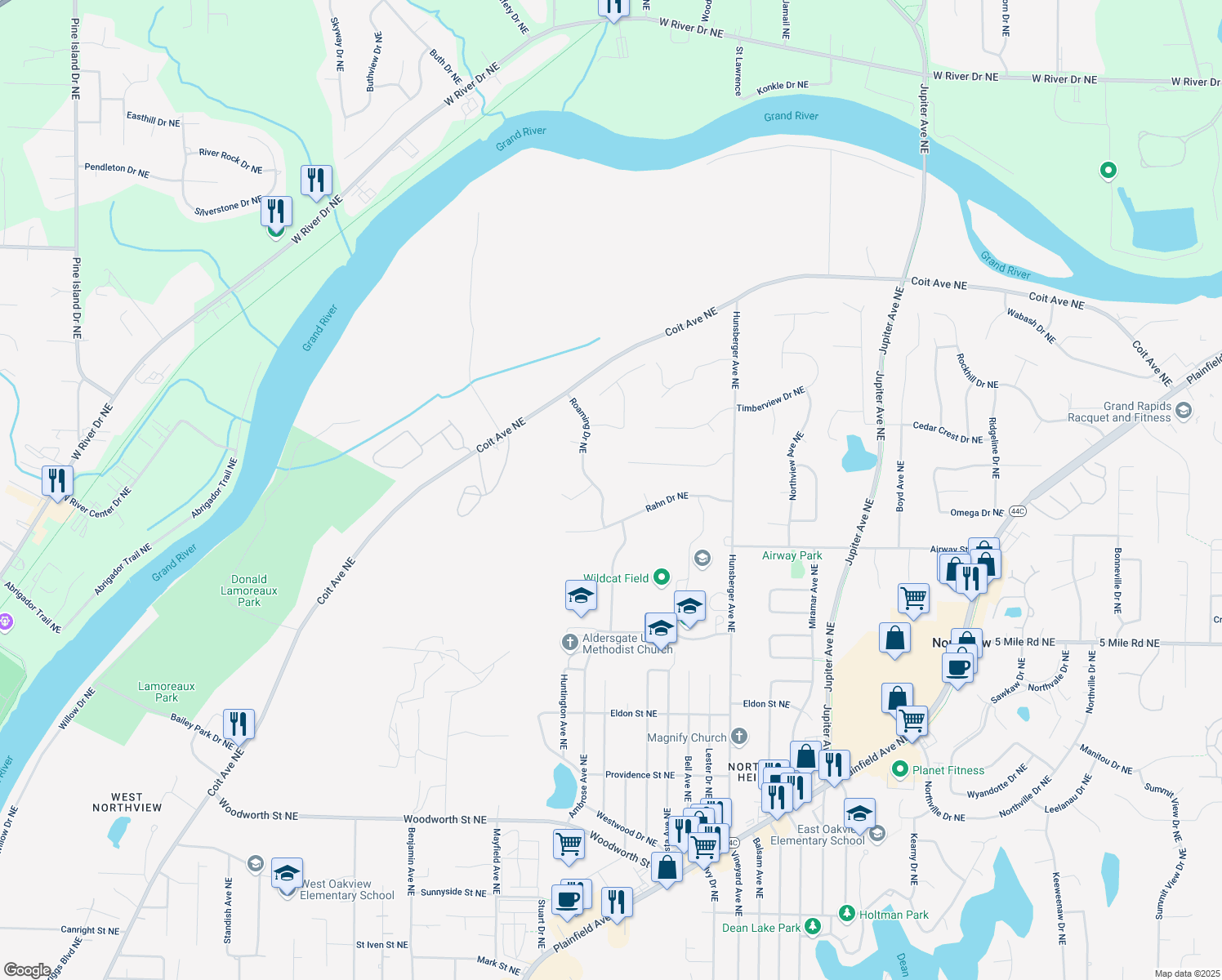 map of restaurants, bars, coffee shops, grocery stores, and more near 4710 Roaming Drive Northeast in Grand Rapids