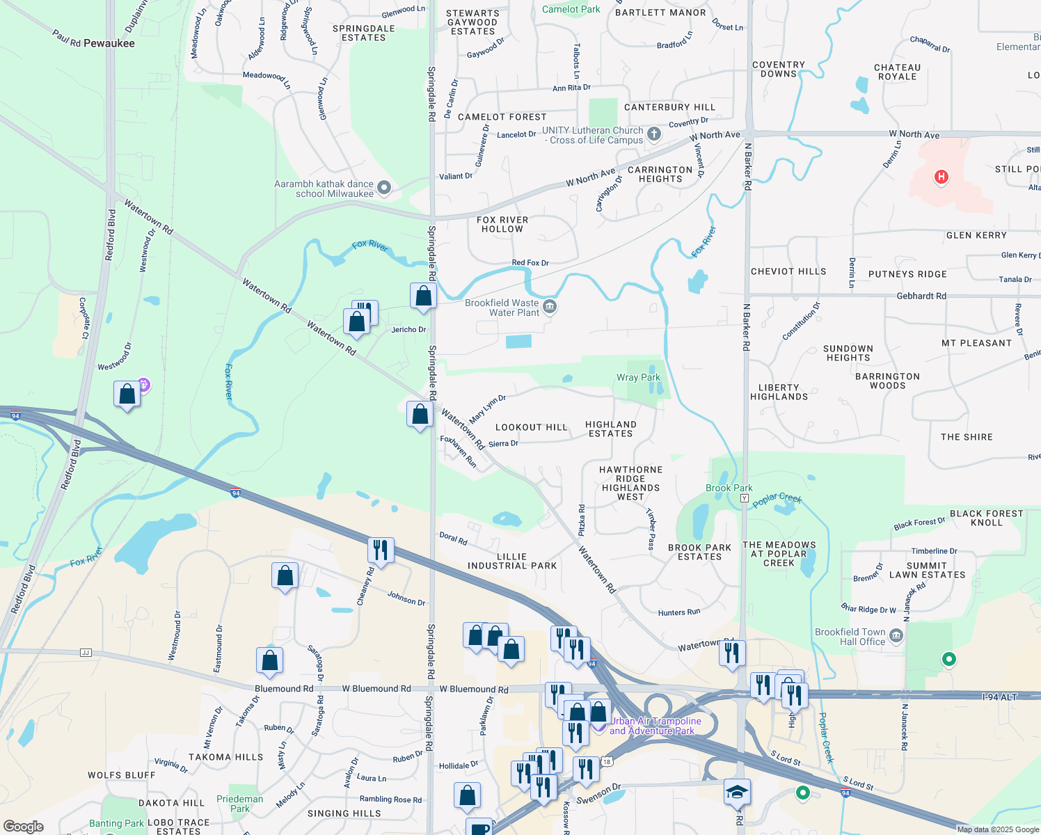 map of restaurants, bars, coffee shops, grocery stores, and more near 21540-50 Jill Ct in Brookfield