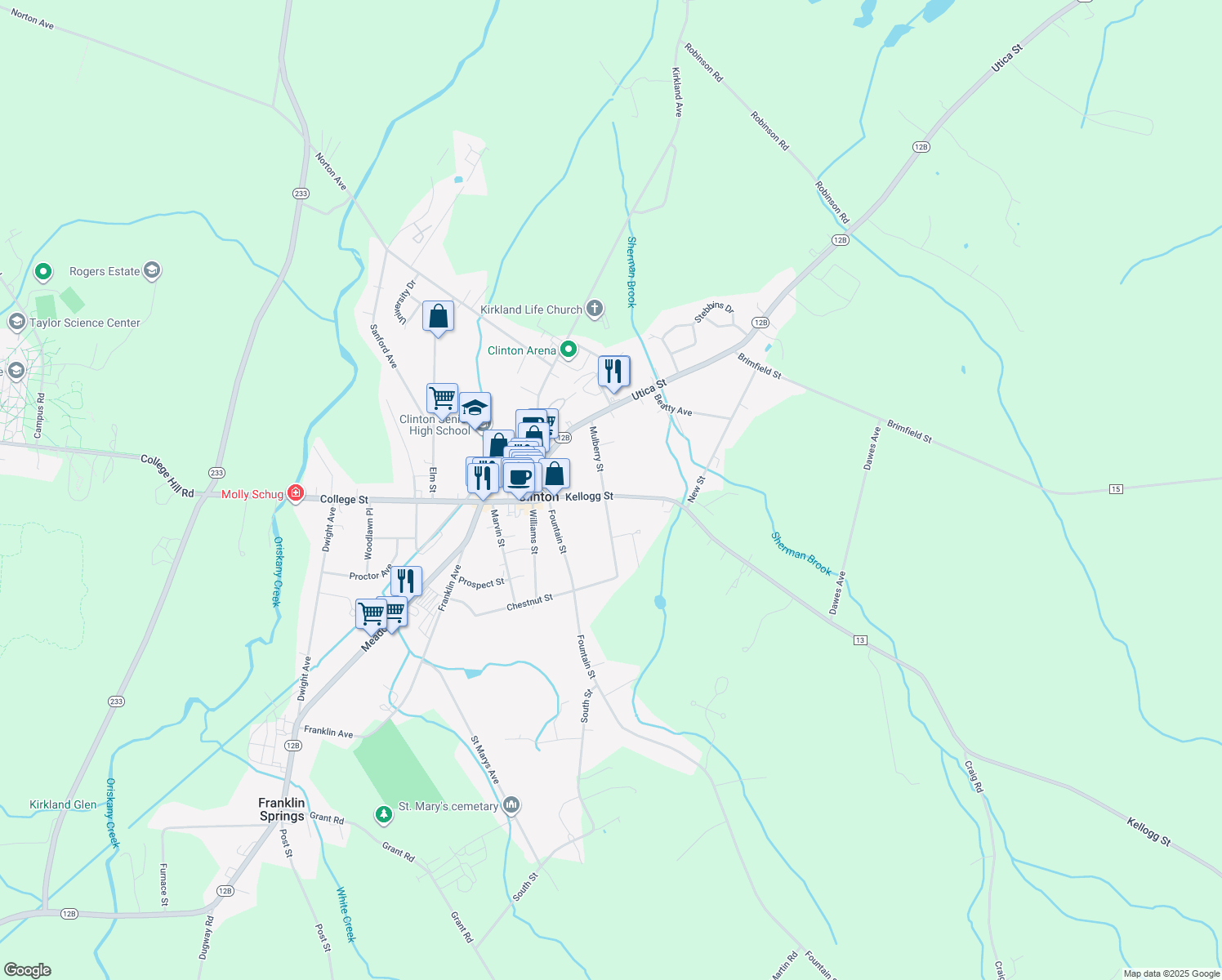 map of restaurants, bars, coffee shops, grocery stores, and more near 23 Kellogg Street in Clinton