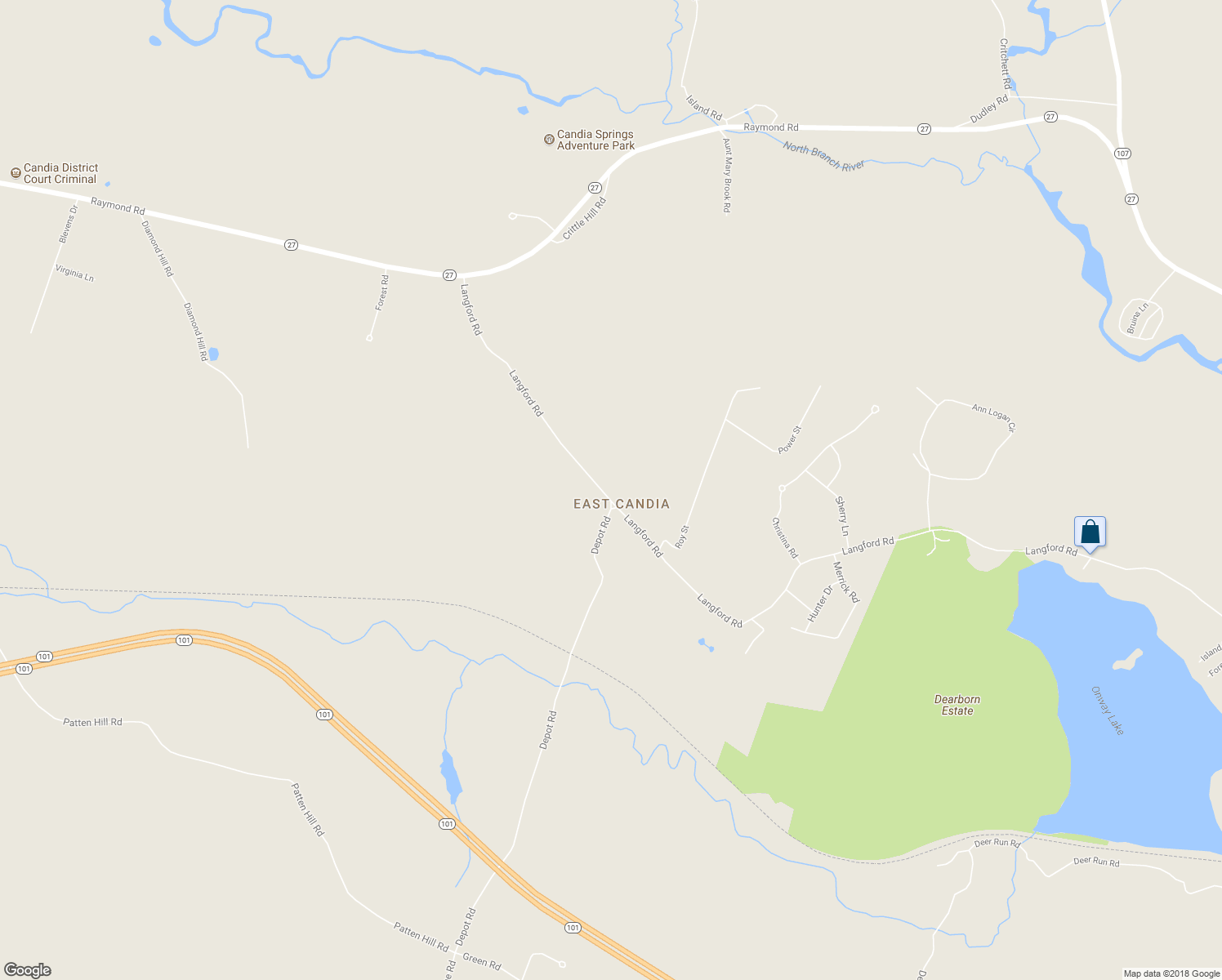 map of restaurants, bars, coffee shops, grocery stores, and more near 150 Langford Road in Candia