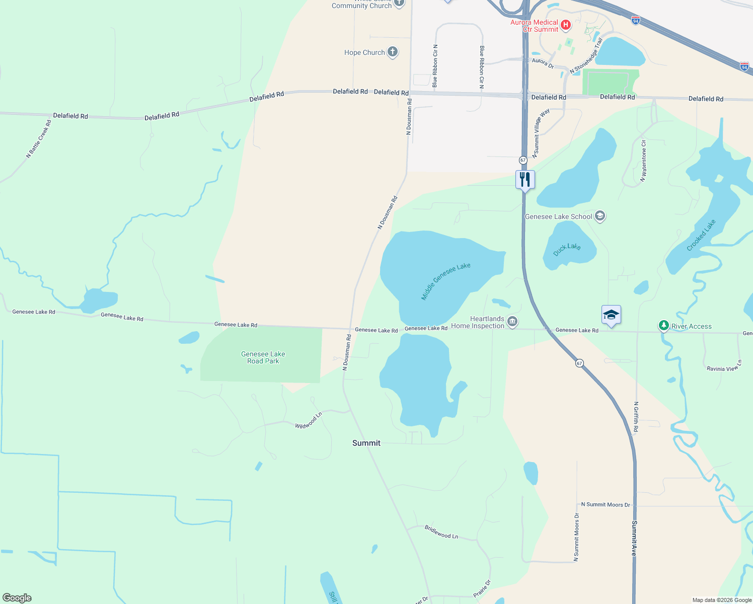 map of restaurants, bars, coffee shops, grocery stores, and more near 1256 North Dousman Road in Oconomowoc