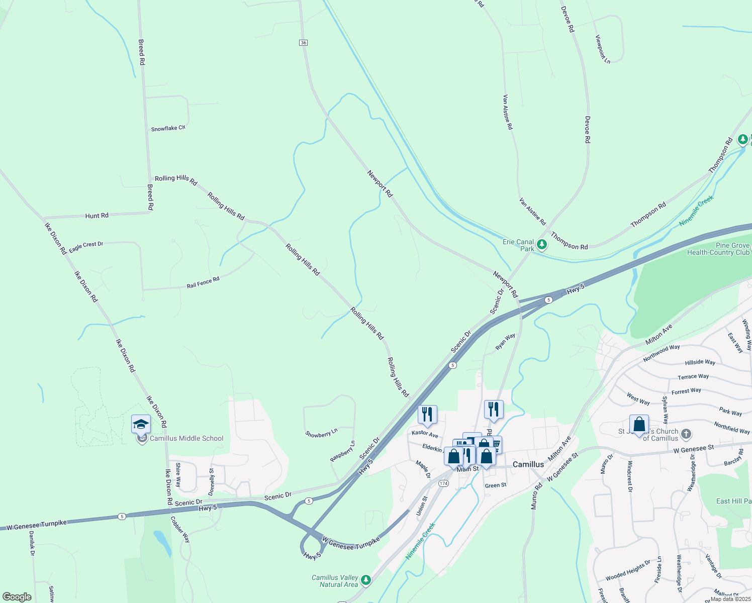 map of restaurants, bars, coffee shops, grocery stores, and more near 2739 Rolling Hills Road in Camillus