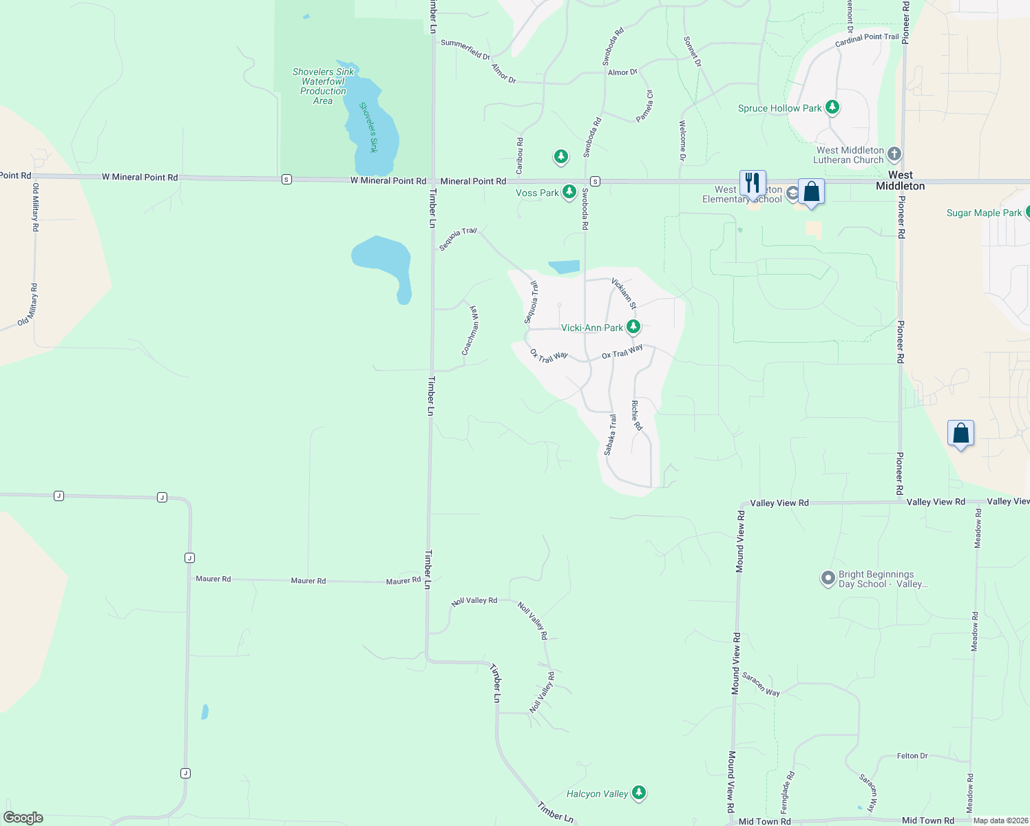 map of restaurants, bars, coffee shops, grocery stores, and more near 3534 Swoboda Road in Verona