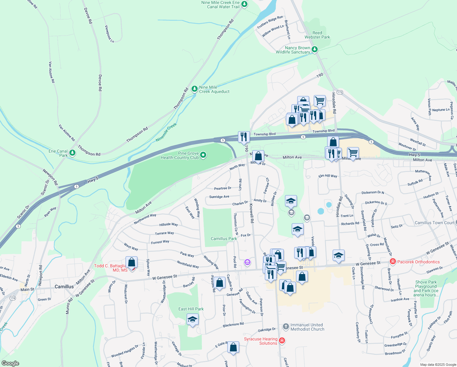 map of restaurants, bars, coffee shops, grocery stores, and more near 102 Kathleen Terrace in Camillus
