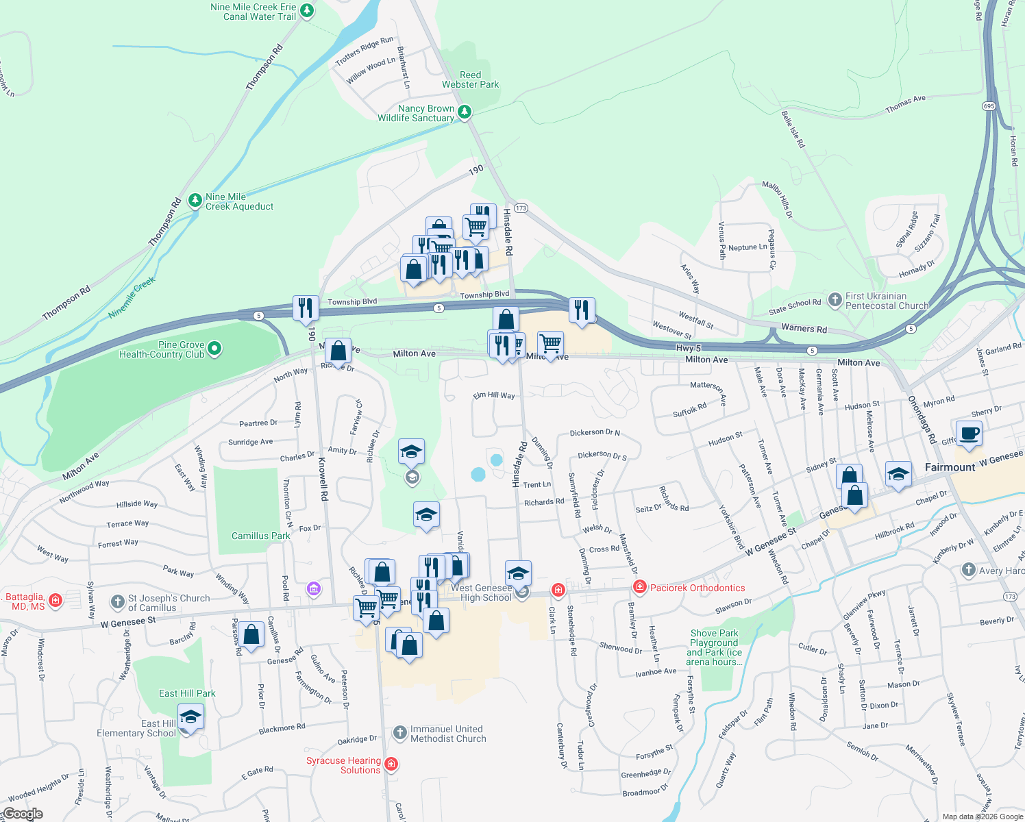 map of restaurants, bars, coffee shops, grocery stores, and more near 411 Hinsdale Rd in Camillus