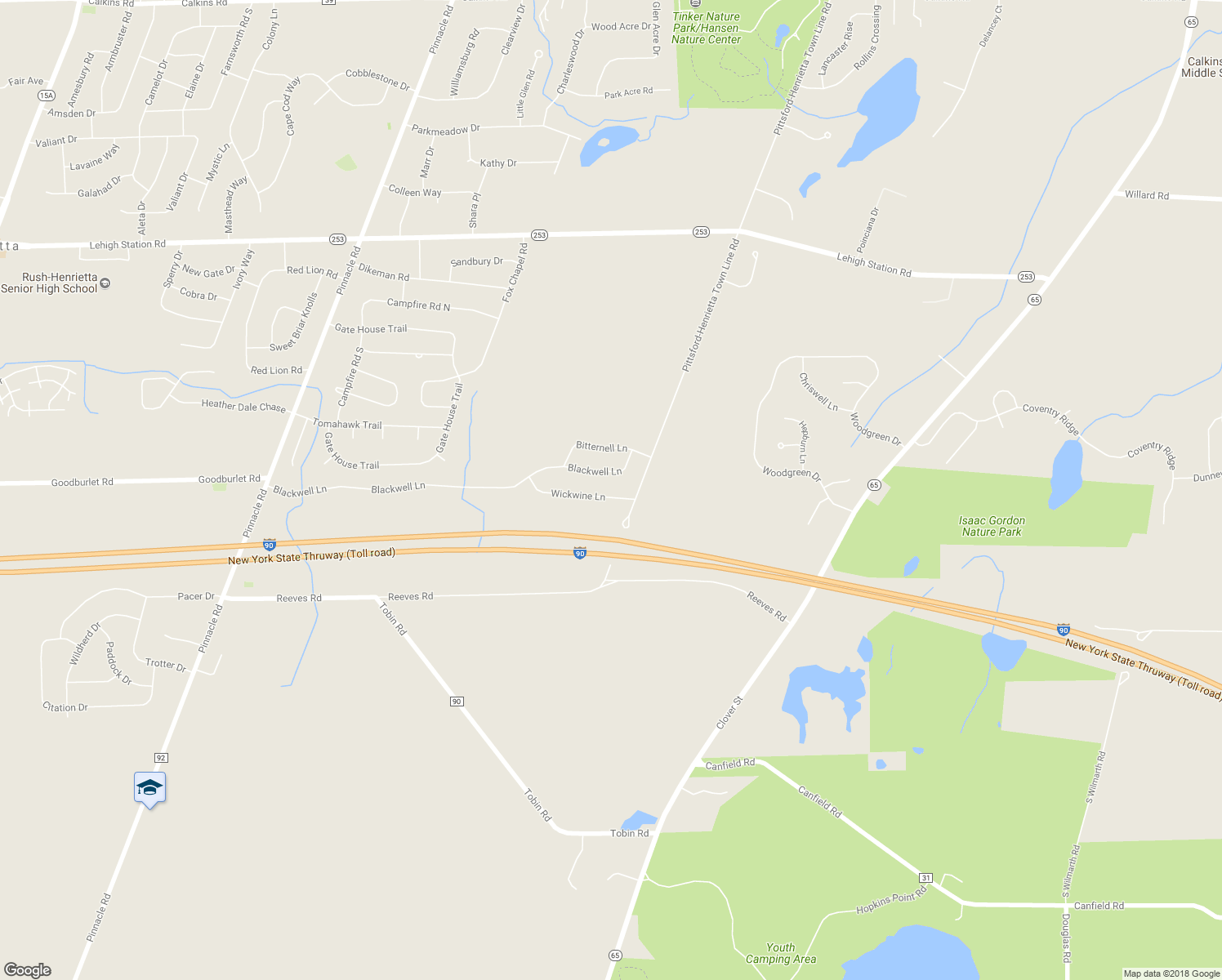 map of restaurants, bars, coffee shops, grocery stores, and more near 18 Wickwine Lane in Henrietta