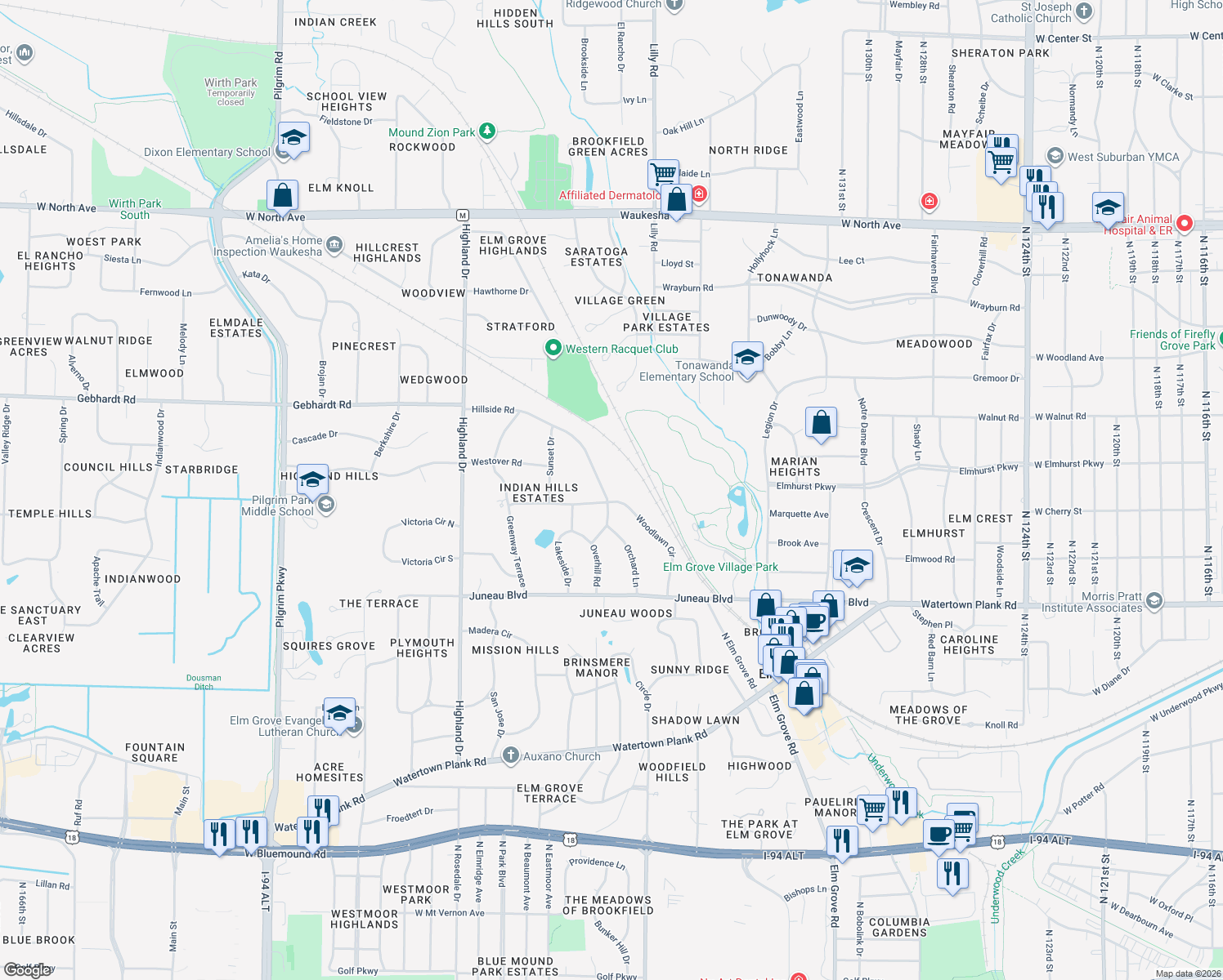 map of restaurants, bars, coffee shops, grocery stores, and more near 1460 Woodlawn Circle in Elm Grove
