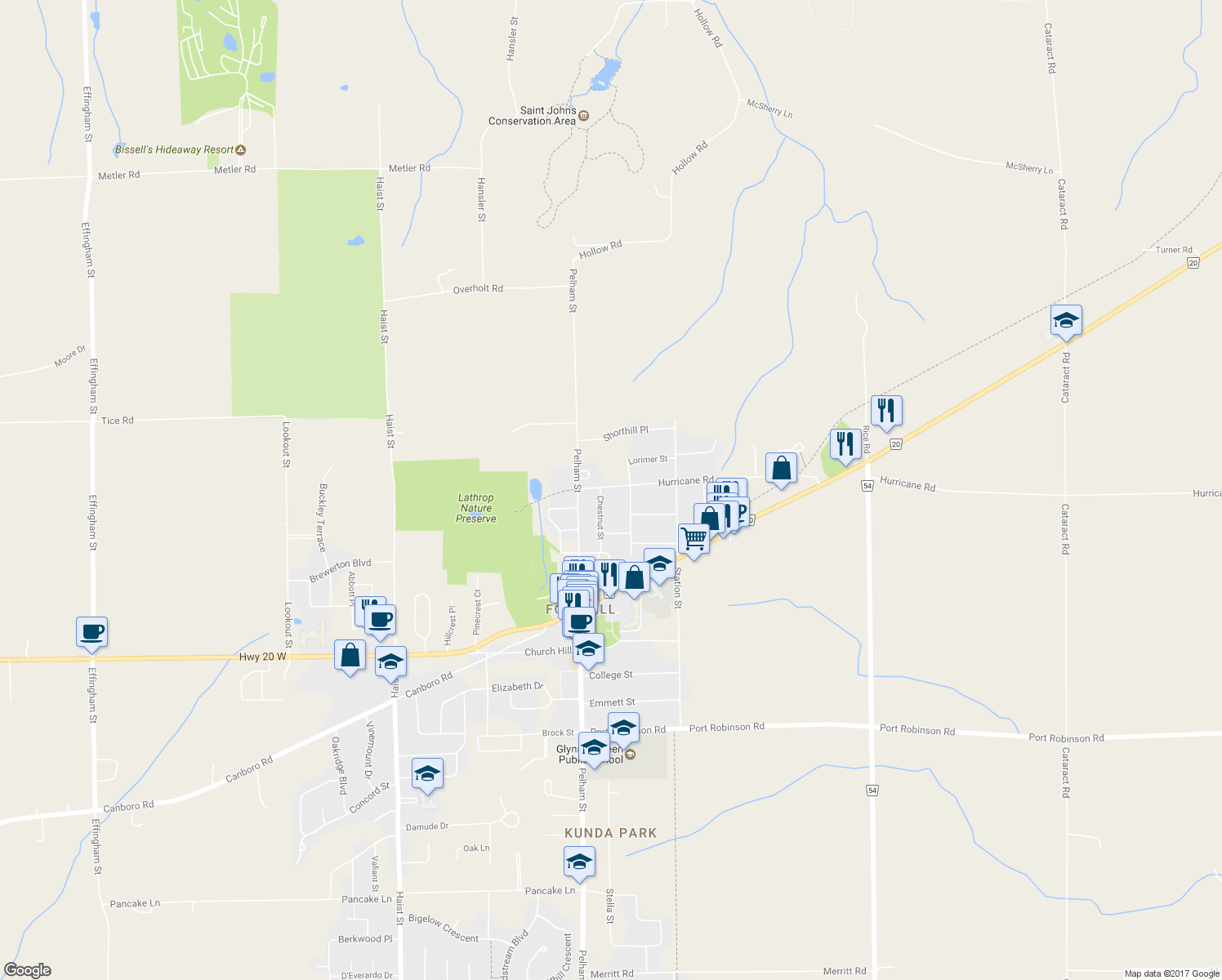 map of restaurants, bars, coffee shops, grocery stores, and more near 4 Hurricane Road in Pelham