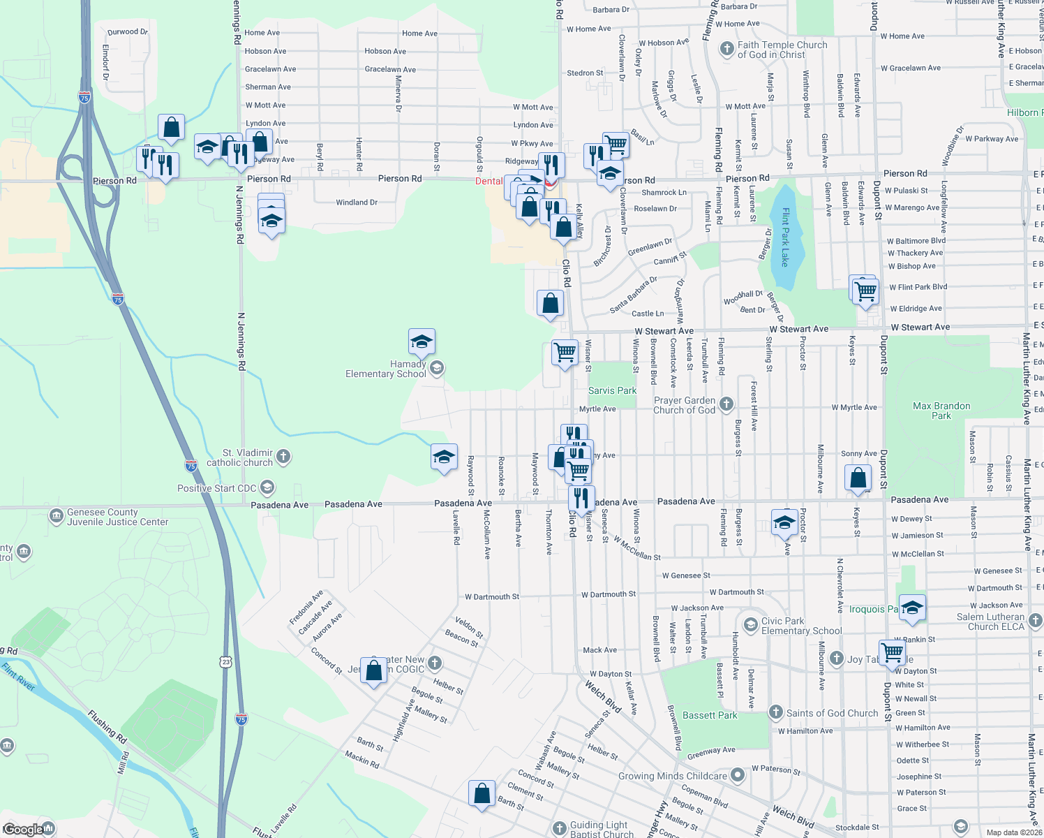 map of restaurants, bars, coffee shops, grocery stores, and more near 3138 Bertha Ave in Flint