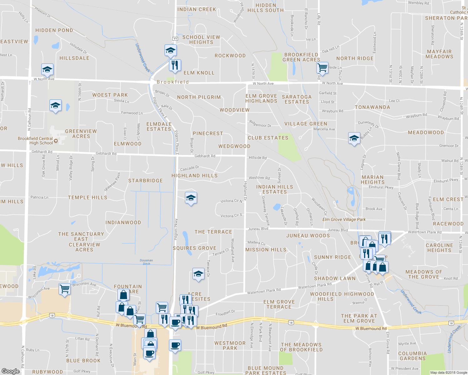map of restaurants, bars, coffee shops, grocery stores, and more near 14925 Del Prado Court in Elm Grove