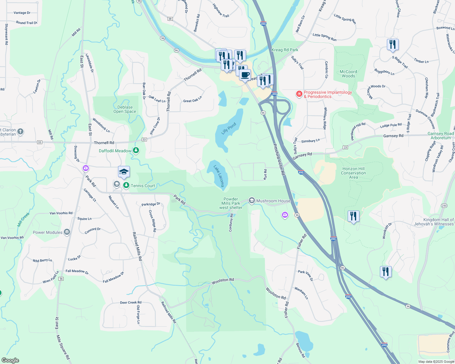map of restaurants, bars, coffee shops, grocery stores, and more near 2 Lacoma Ln in Pittsford