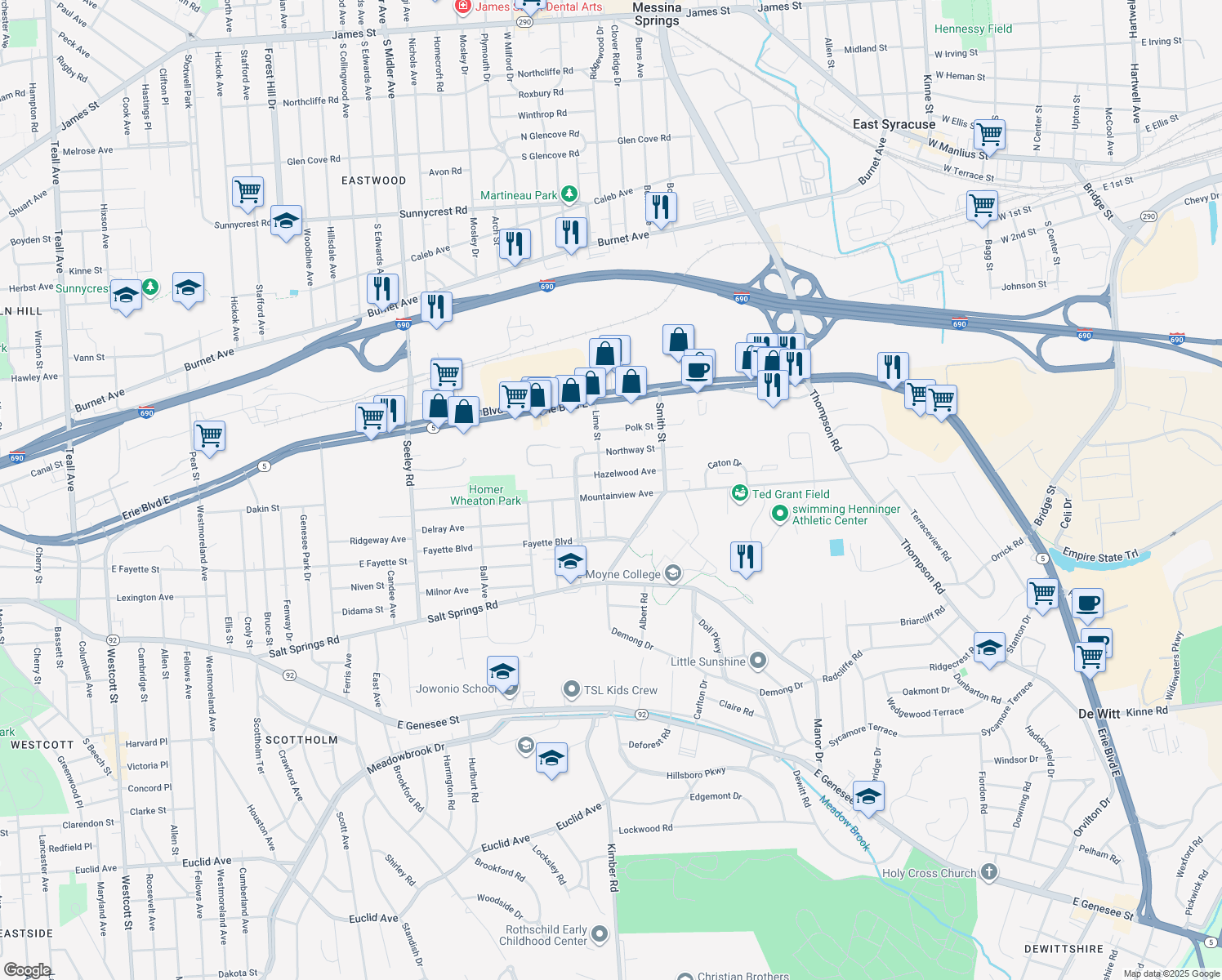 map of restaurants, bars, coffee shops, grocery stores, and more near 613 Mountainview Avenue in Syracuse