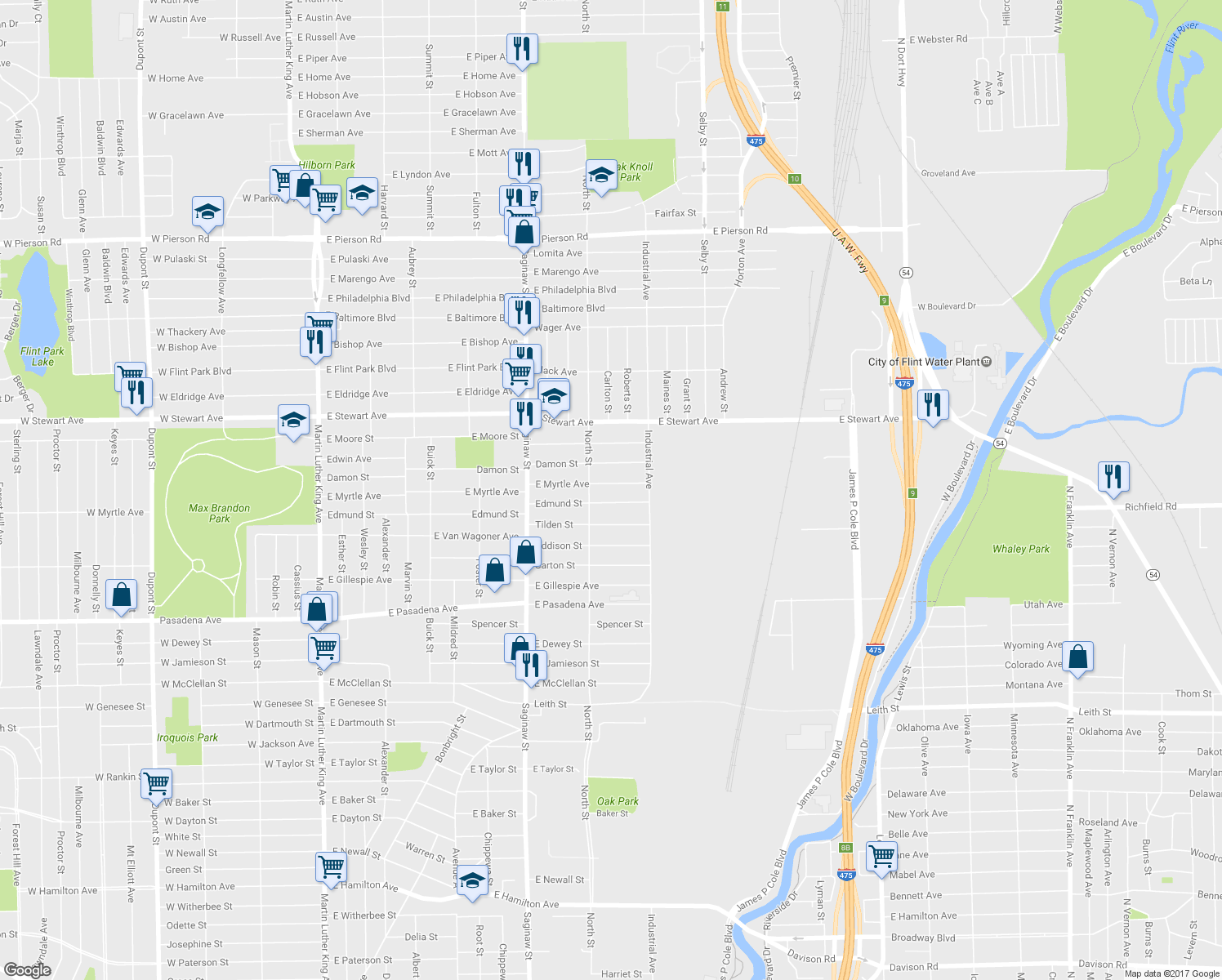 map of restaurants, bars, coffee shops, grocery stores, and more near 824 East Myrtle Avenue in Flint