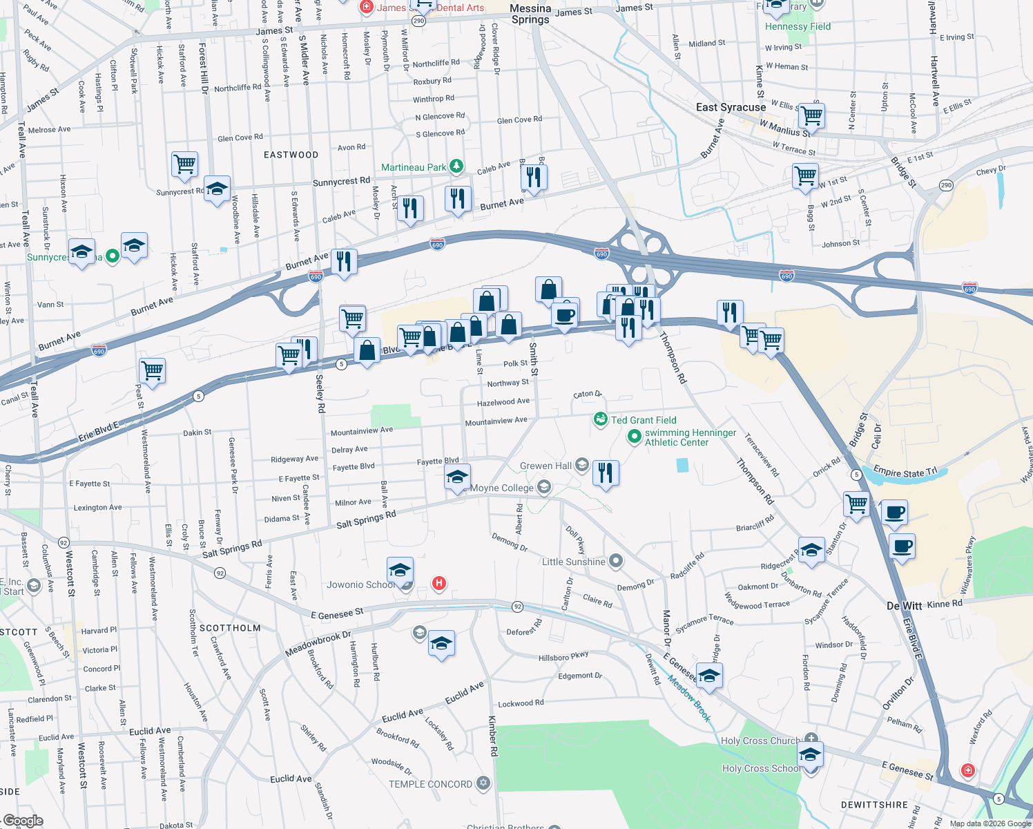 map of restaurants, bars, coffee shops, grocery stores, and more near 703 Mountainview Avenue in Syracuse