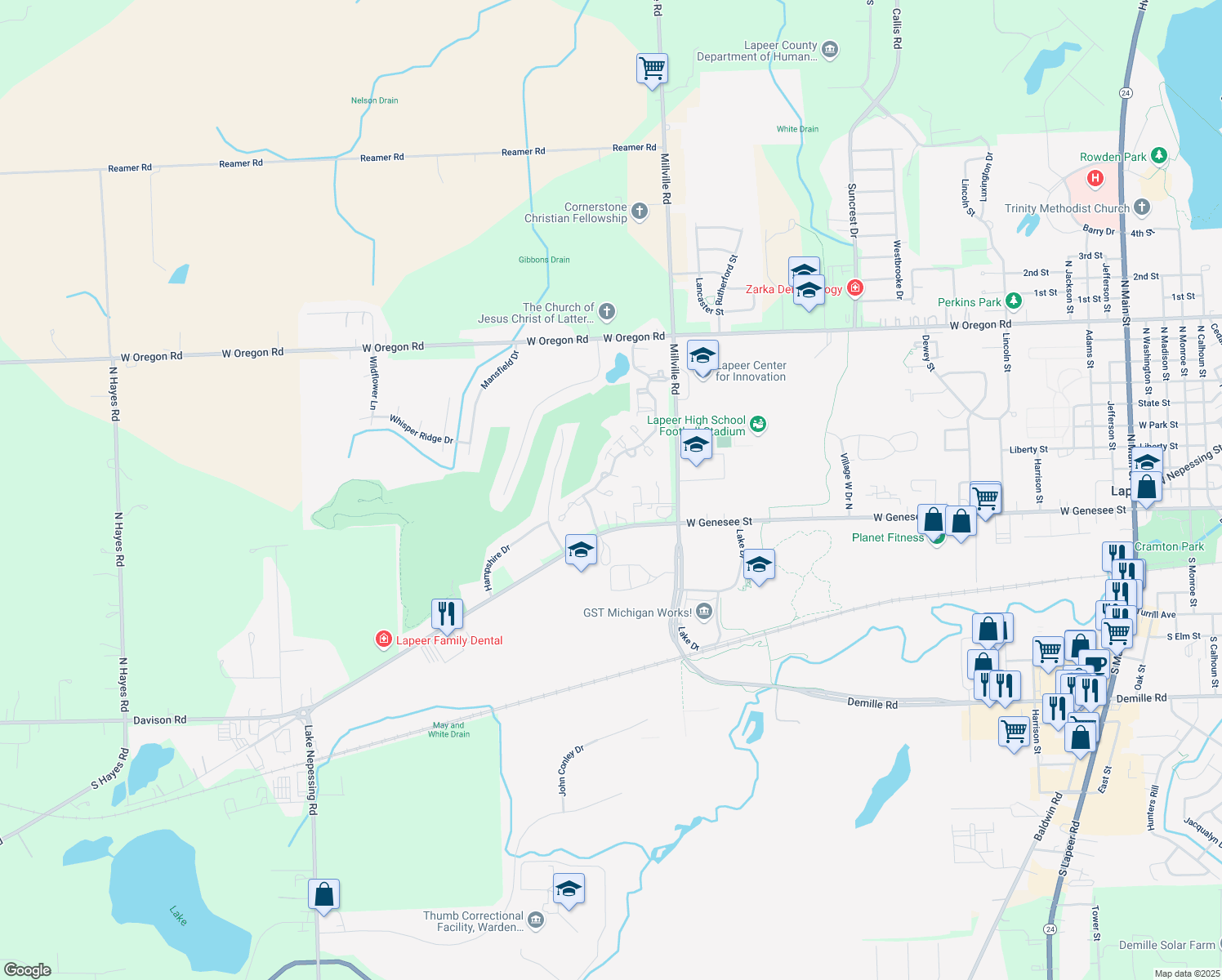 map of restaurants, bars, coffee shops, grocery stores, and more near 634 Eastway Cir in Lapeer