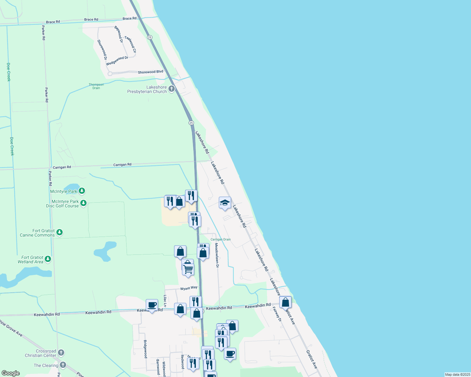 map of restaurants, bars, coffee shops, grocery stores, and more near 4882 Lakeshore Rd in Fort Gratiot Township